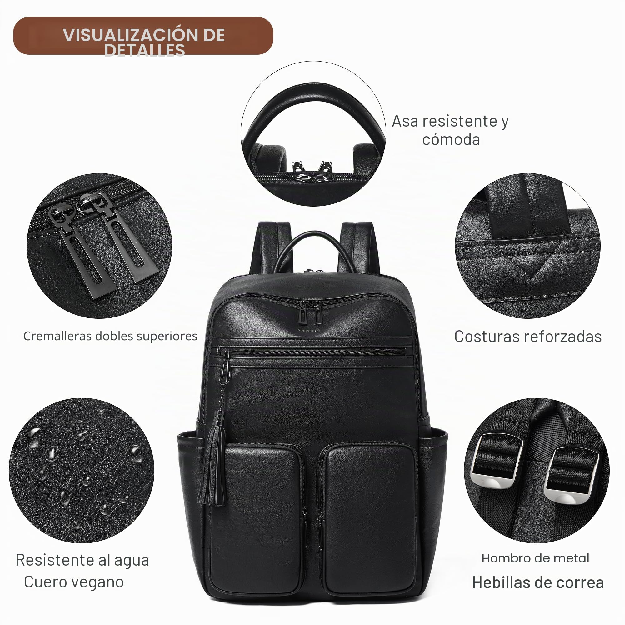 Shrrie Mochila para laptop para mujer de 16 pulgadas, mochila de viaje de cuero vegano, mochila de trabajo, negocios, mochila para portátil, profesora, universidad, mochila casual