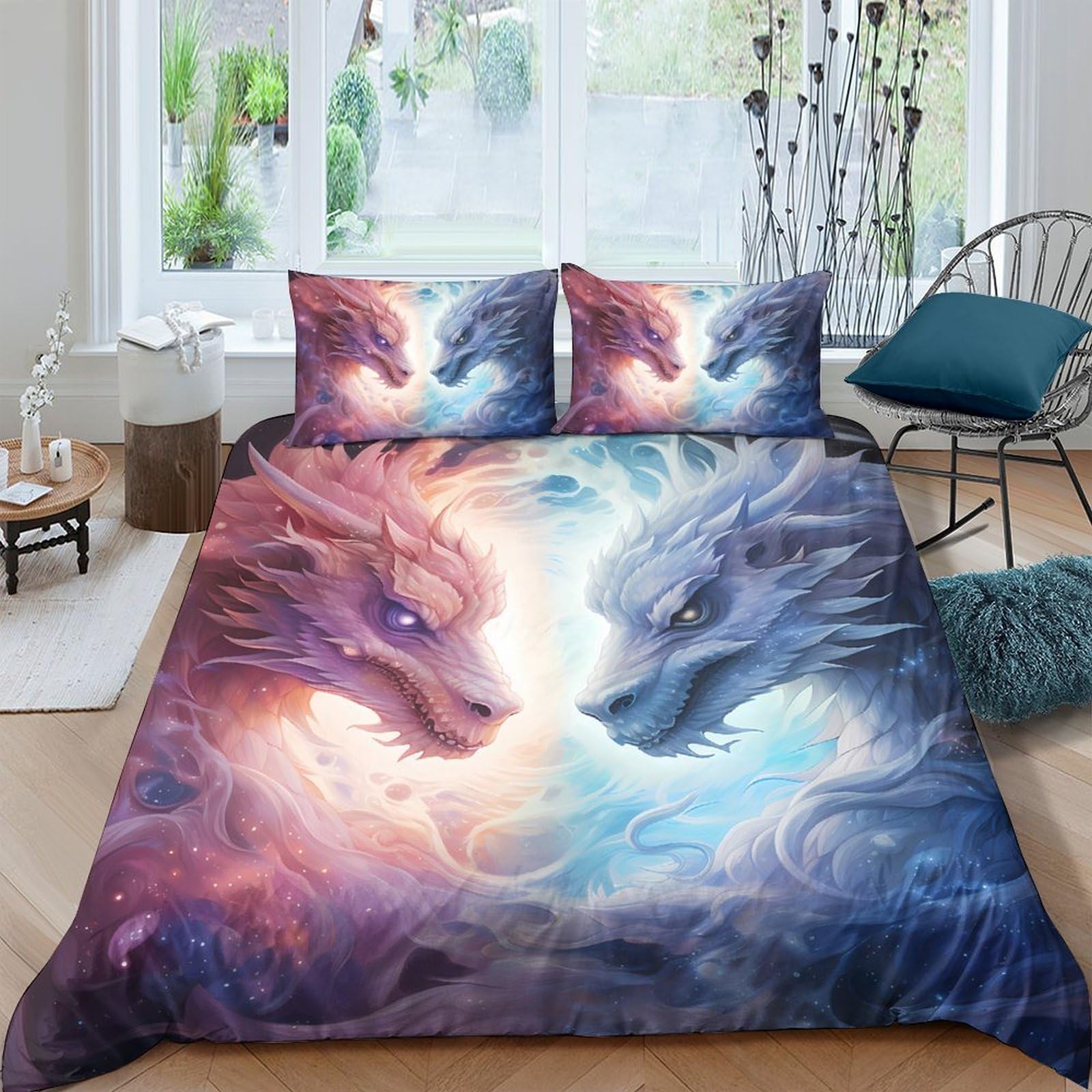 GPLZQXKJNH 3D Printed Fire Ice Wolf Duvet Cover Set Microfiber Soft Breathable with 2 Pillowcases for Bedroom Home Decor Single（135x200cm）