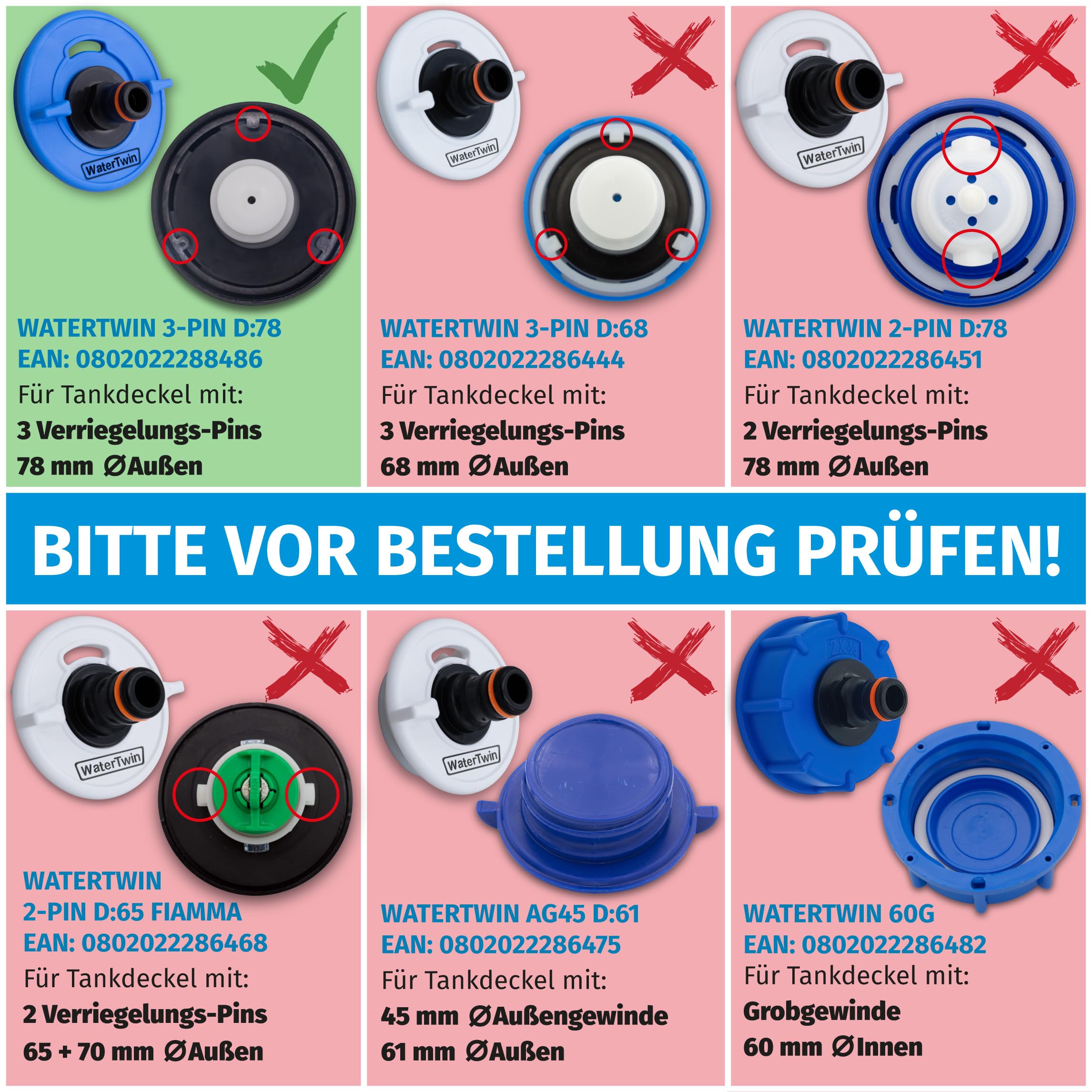 Adaptateur de bouchon de réservoir d’eau avec connexion pour système Gardena | Camping-car, caravane, bateau | Fonction de débordement et double embrayage intégré (adaptateur 3 broches D:78mm)