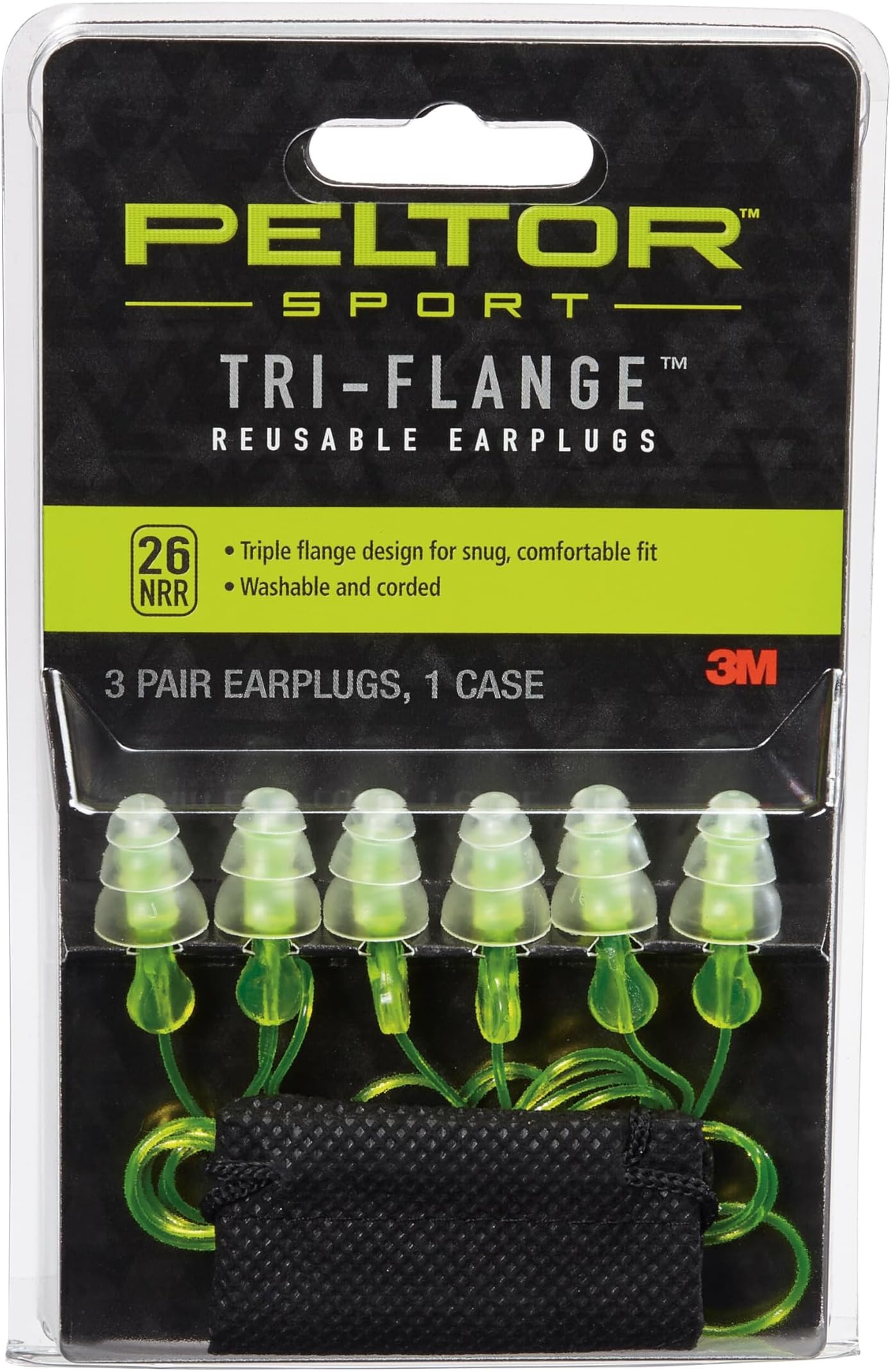 Peltor Sport Tri-Flange Corded Reusable Earplugs, 3 Pair, Noise Reduction Rating (NRR) 26 dB, Comfortable Fit, Ideal For Range, Shooting & Hunting, Washable and Corded, Neon Yellow (97317-10C)