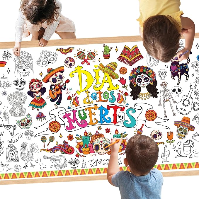 Dia De Los Muertos Decorations - 29.5 x 71 Inch Giant Mexican-themed Coloring Poster for Day of the Dead Party Decoration, Large Sugar Skull Painting Tablecloth Poster Suitable for Holiday Party Decor