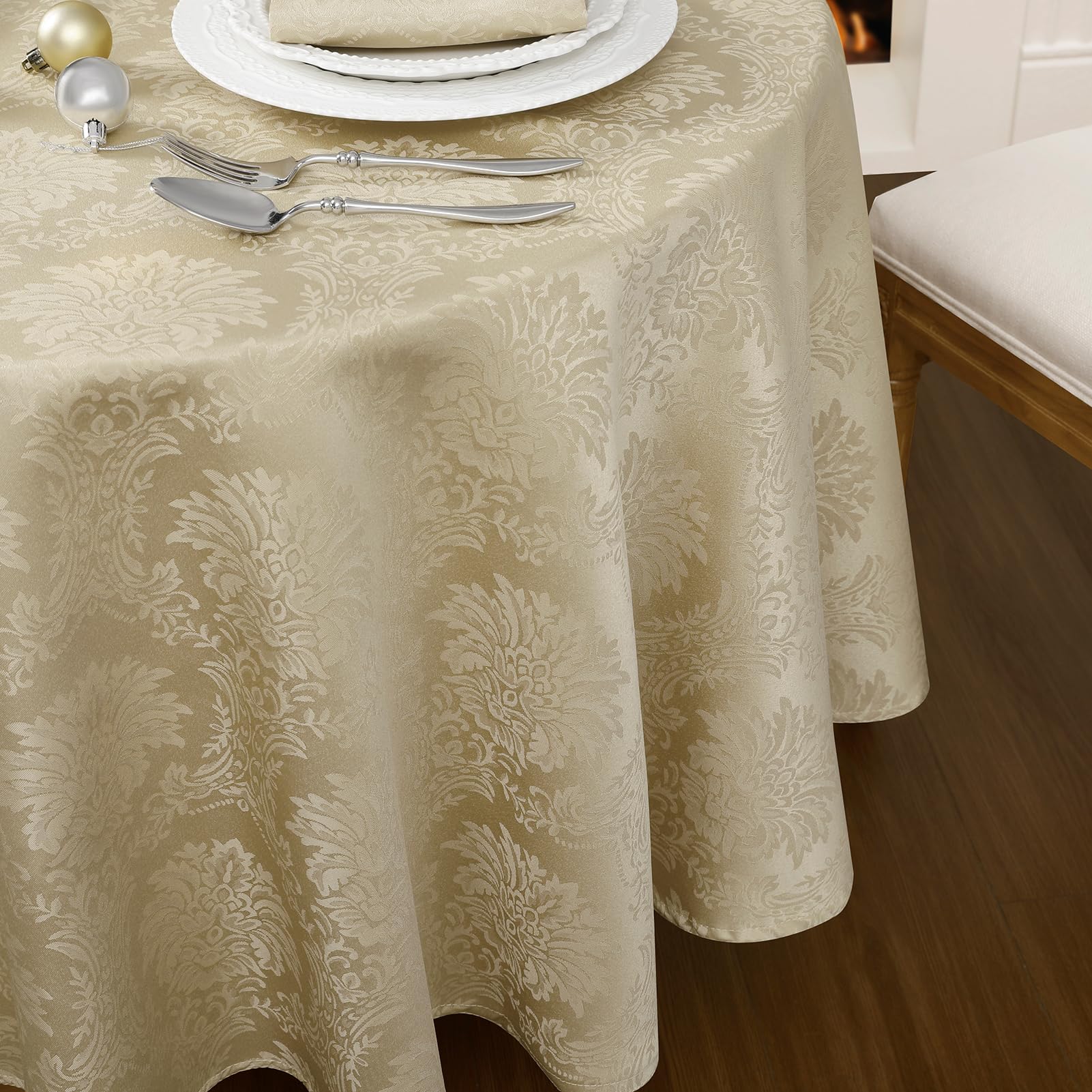 Tovaglia Rotonda 180 Cm In Poliestere | Non Stiro Con Struttura Damascata | Antimacchia Lavabile A 40° | Colore Giallo Per Tavolo Da Pranzo
