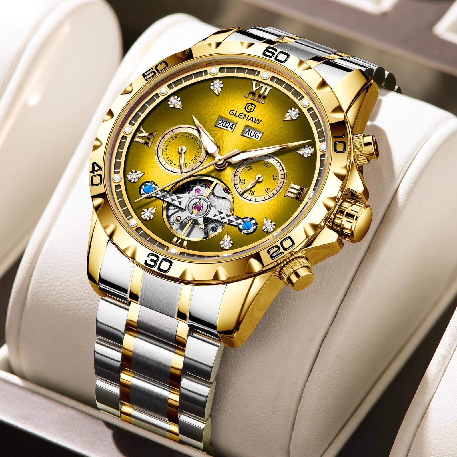 GLENAW Reloj automático para hombre, esqueleto con números romanos, esfera de diamante, acero inoxidable, impermeable, para el día, fecha, negocios, casual