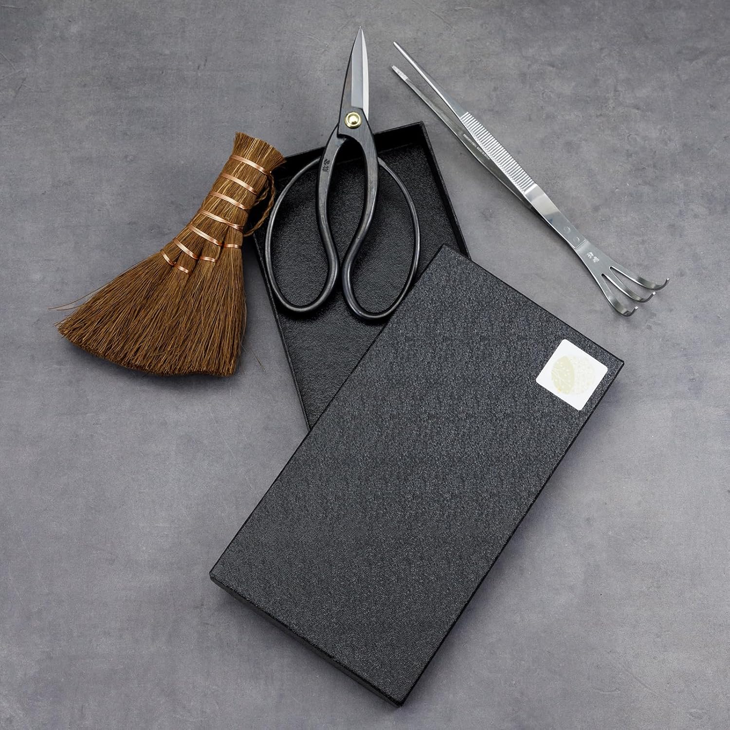 Wazakura Japanese Bonsai Garden 3PCS Tool Starter Kit, Made in Japan, Traditional Bonsai Scissors, Stainless Tweezers with Rake, Chinese Broom. Beginner Set wit Tweezers, Shears and Brush
