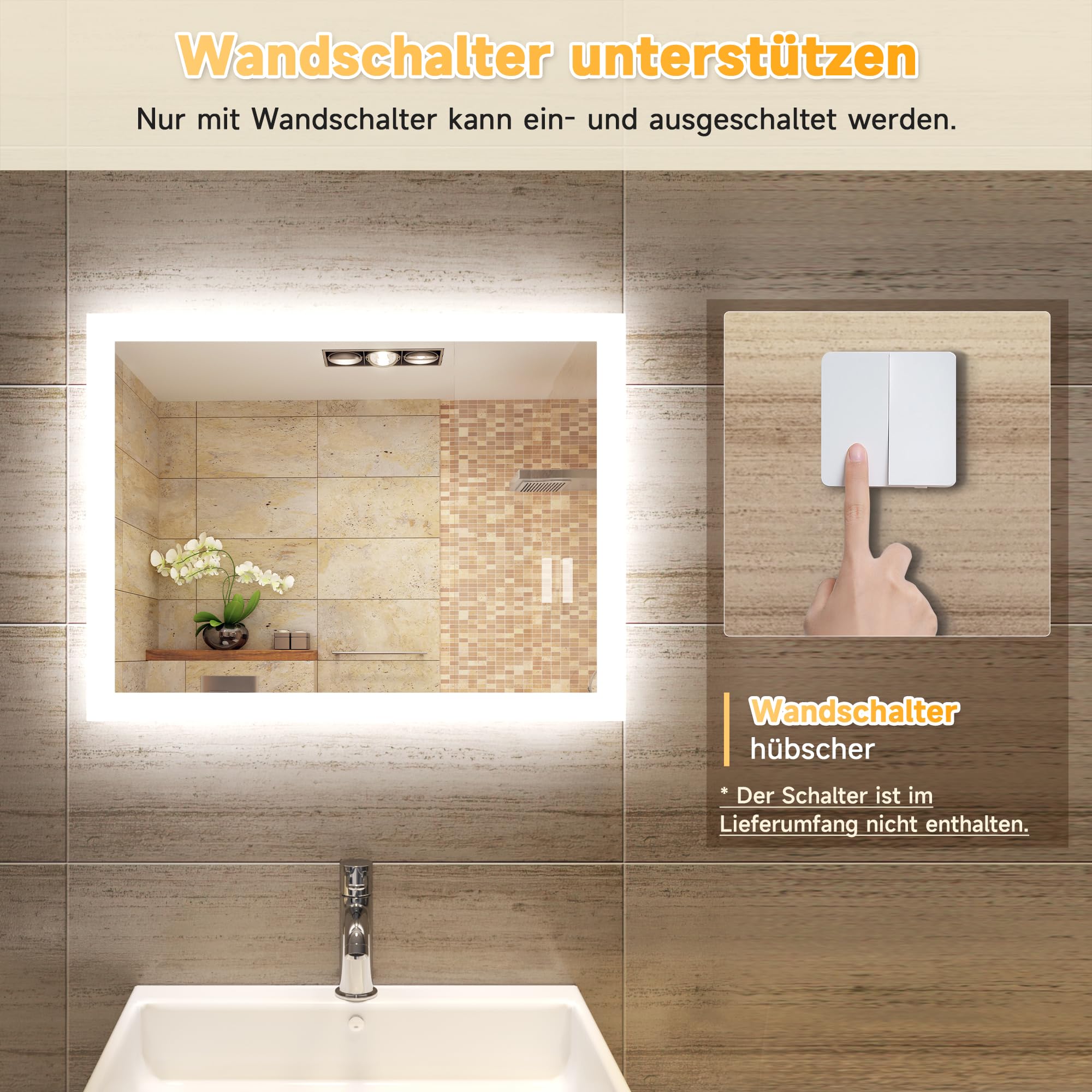SONNI LED Badspiegel für Badezimmer 60x50 cm Kaltweiß vertikal & horizontal | HD Spiegel kupfer- & bleifrei mit staubdichter Rückwand. Nur über Wandschalter. Ideal für Renovierung & Gewerbeimmobilien