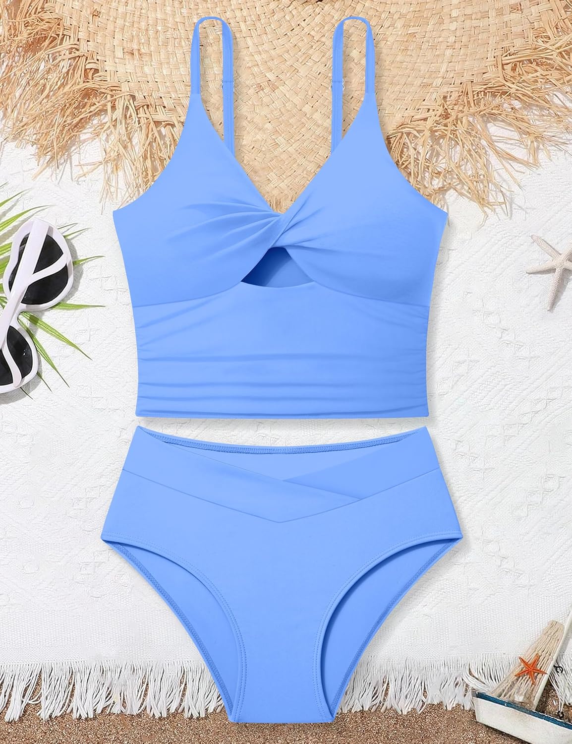Girls Swimsuit Color Block Girls Bathing Suit Twist Tankini Set Two Piece Girl Swimwear Bikini Set for 9-16 Years