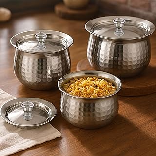 Expresso Steel Handi Set Copper Bottom Handi Set with Lid | Cookware Set of 3 Pieces Cooking Serving Bowl biryani Milk Hot...
