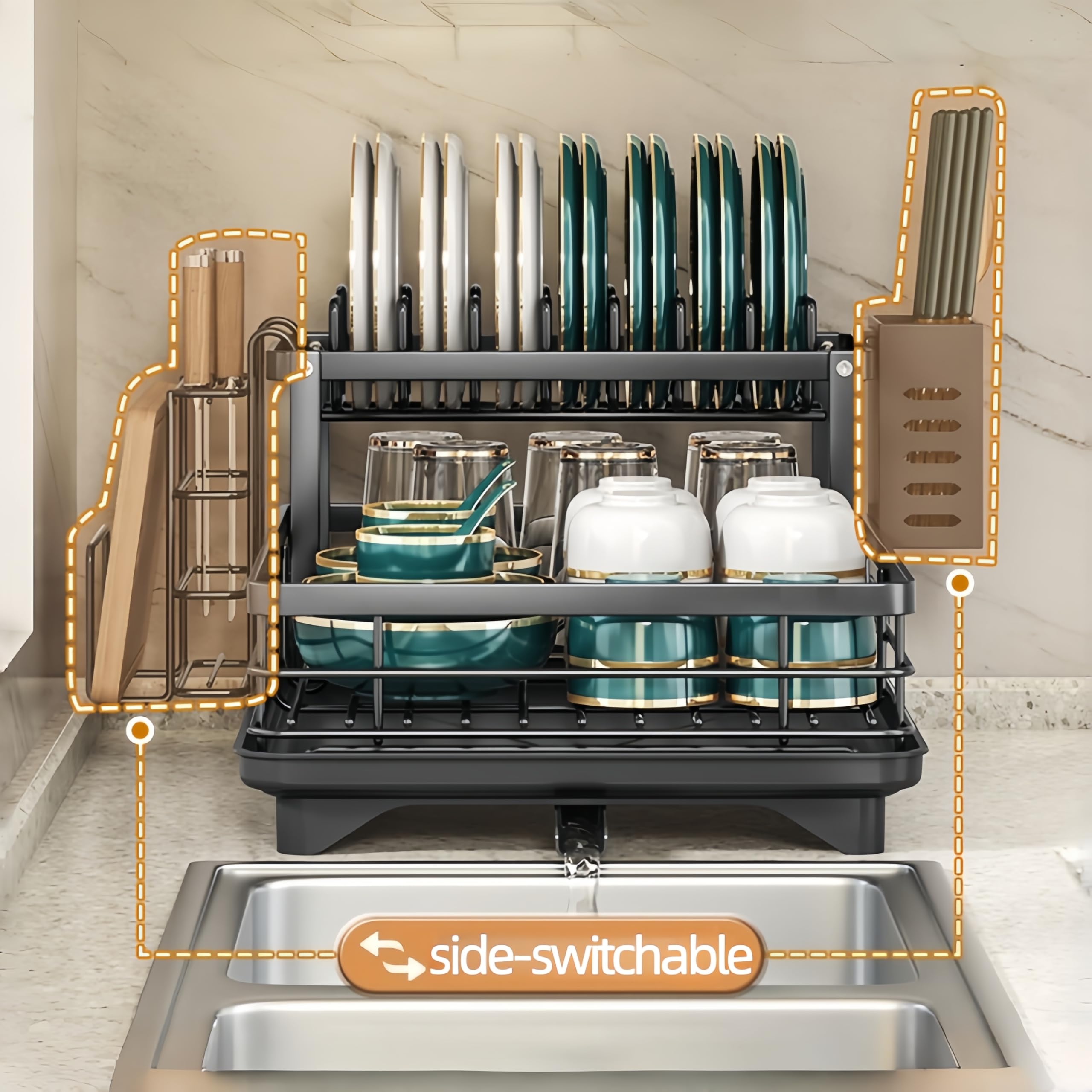 scolapiatti a 2 livelli, scolapiatti con scolapiatti con scolapiatti, supporto per scolapiatti da cucina, supporto per lavello in acciaio inox con utensili e tagliere, nero