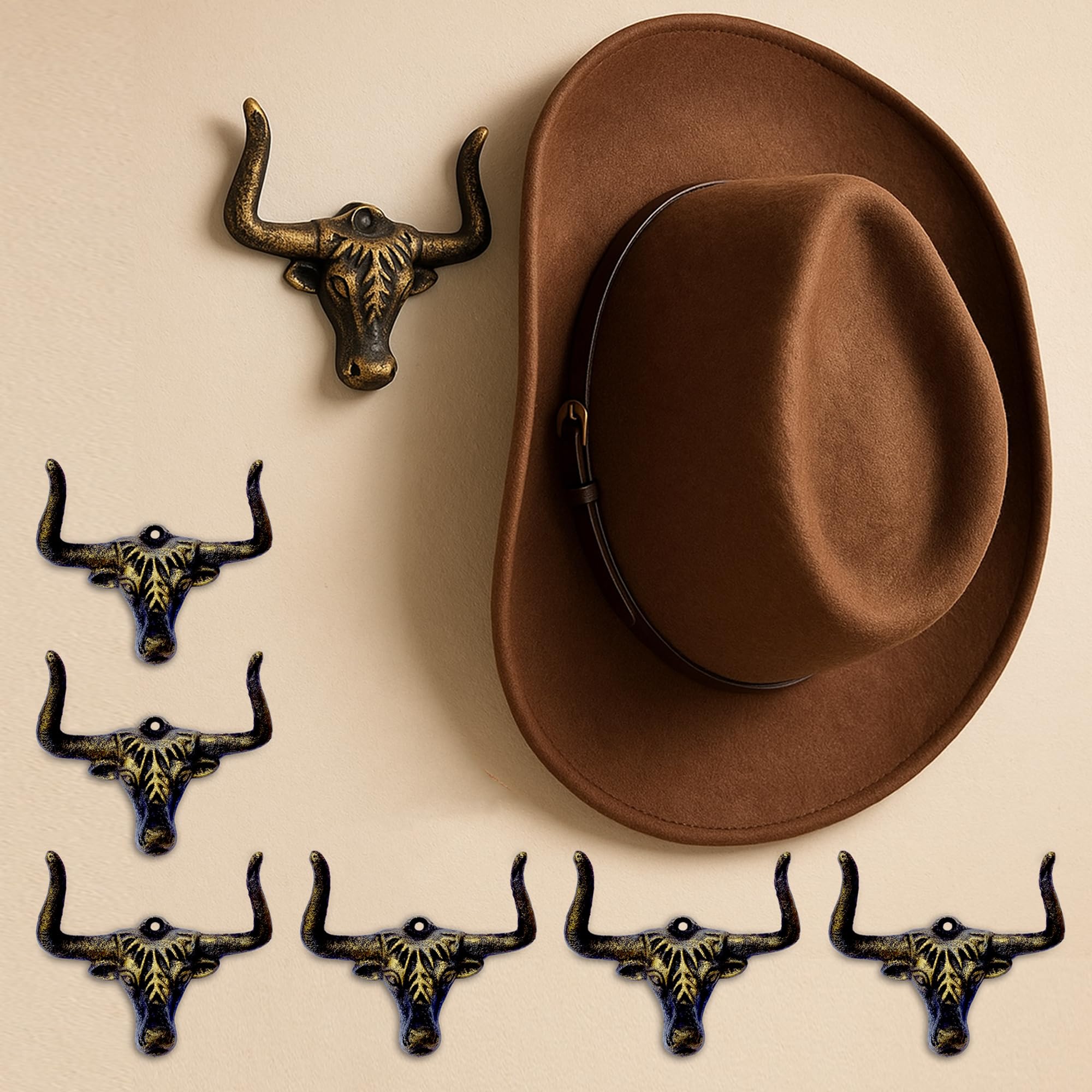 ZUHSAN Cowboy Hat Rack for Wall - 6 Pack Cast Iron Cowboy Hat Holder,Hat Storage Organizer Hat Hooks for Wall Western Decor for Bedroom Western Gifts