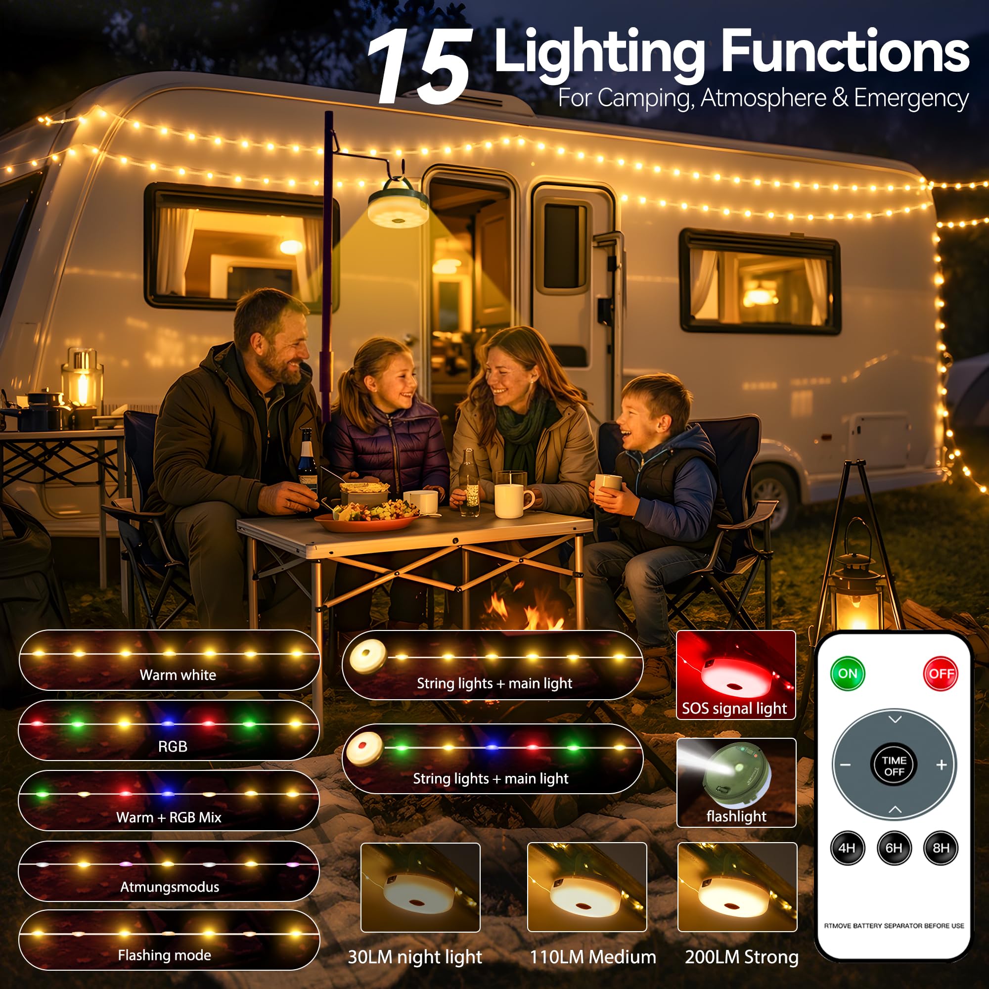 Guirlande lumineuse rétractable de 20 m, guirlande lumineuse RVB pour tente, rechargeable par USB-C, 15 modes d'éclairage, guirlande lumineuse d'ambiance à suspendre à l'extérieur, pour camping