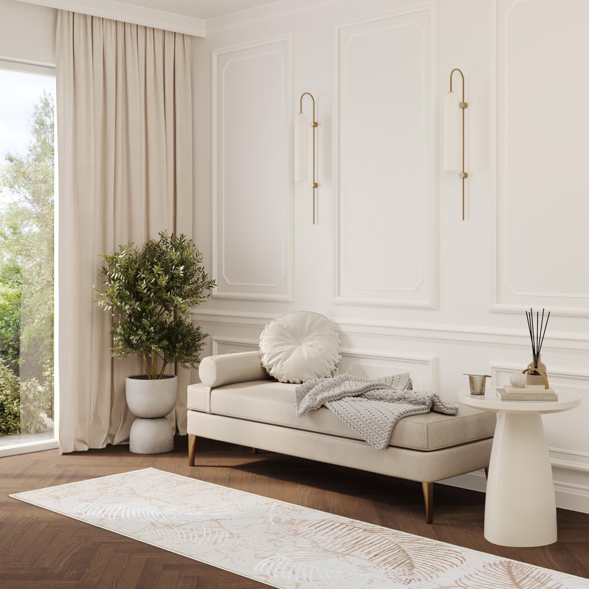 TAPISO Crystal Läufer Teppich Glänzend Gold Beige Braun Blätter Palmenblätter Wohnzimmer Schlafzimmer Flur Korridor Modern Design ÖKO-TEX 70 x 350 cm