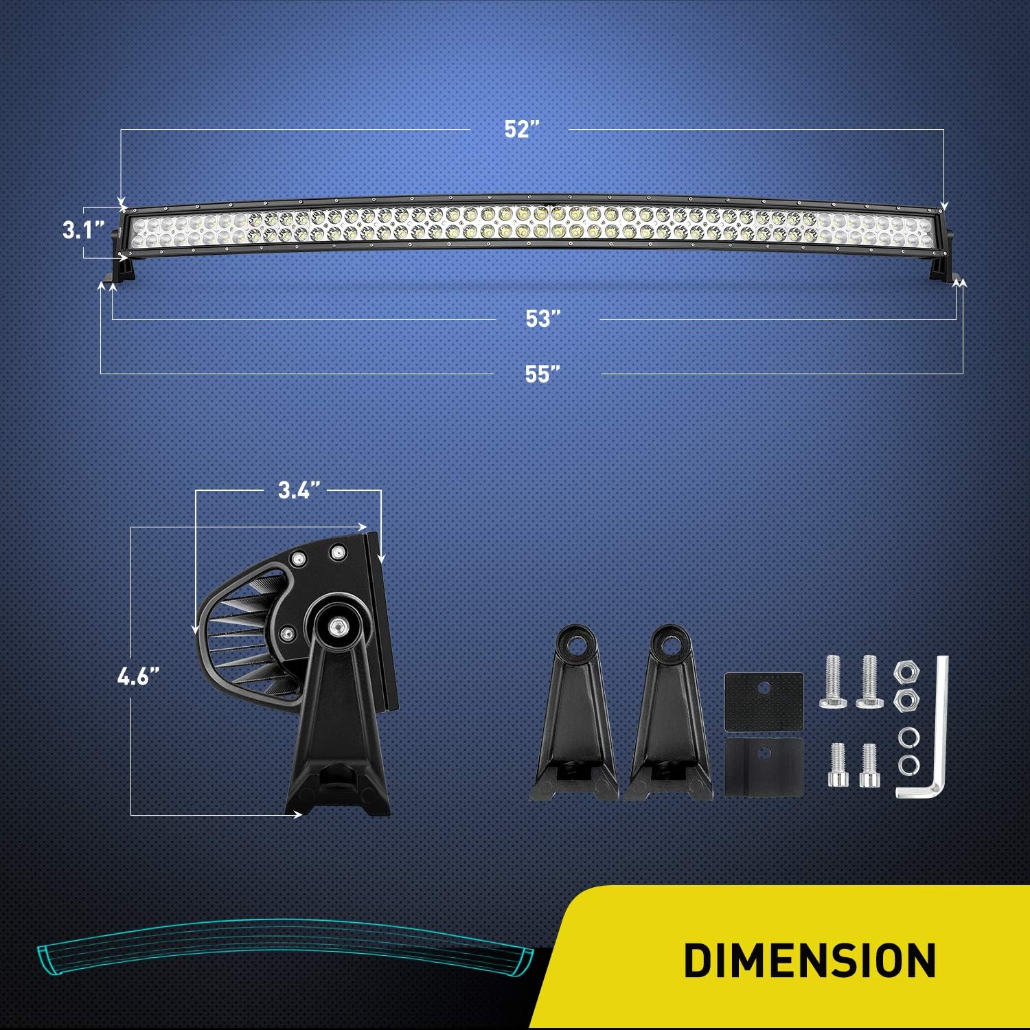 Diagram showing dimensions of the Nilight 52-inch LED light bar and its mounting brackets