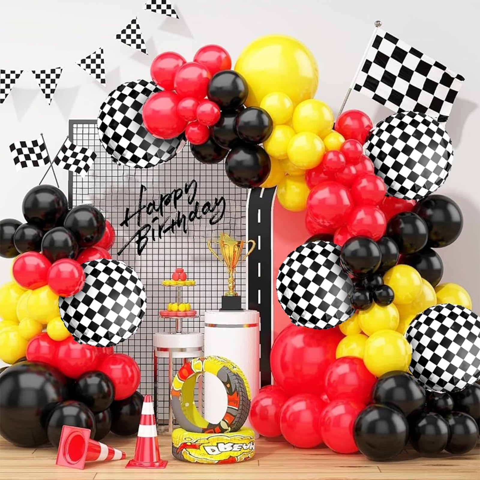 Race Car Theme Balloon Arch Garland Kit, Premium Red Yellow Black Party Decorations Set for Birthday Celebrations and Racing Events