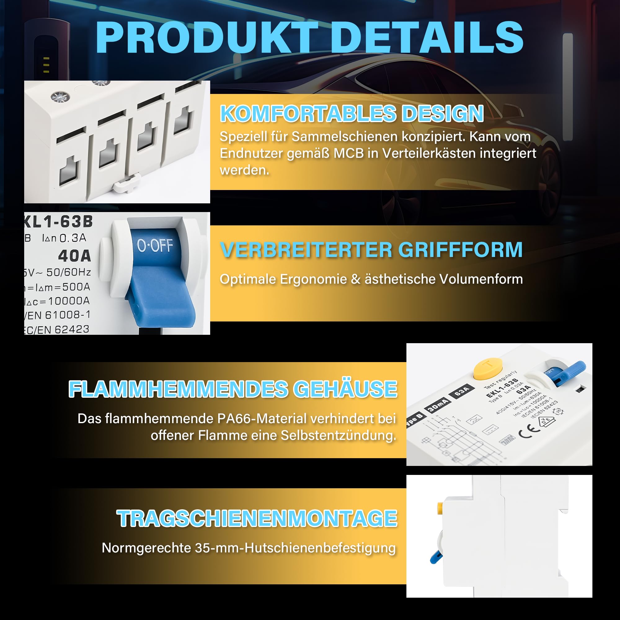 Warmfay® FI Schutzschalter Typ B 40A 30mA 4 Polig, VDE Zertifizierung Fehlerstromschutzschalter RCD Allstromsensitiver Schalter Automat Sicherun für Wallboxen Ladestationen, DIN Hutschiene Montage