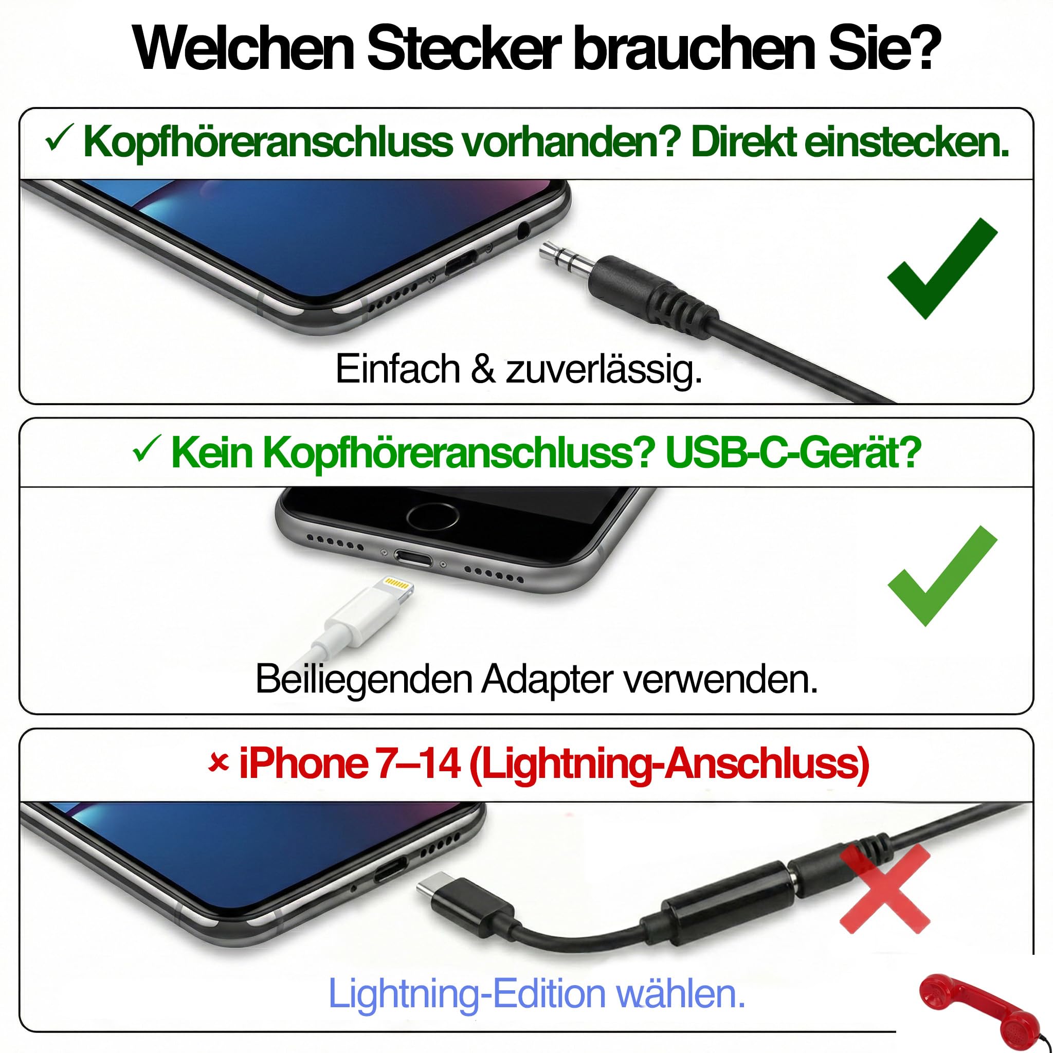 Opis Technology 60s Micro Retro-Telefonhörer für Handy und Smartphone, inkl. aktivem USB-C-Adapter für Android und iPhone 15 und Neuer, 3,5-mm-Klinke, kabelgebunden, Rot