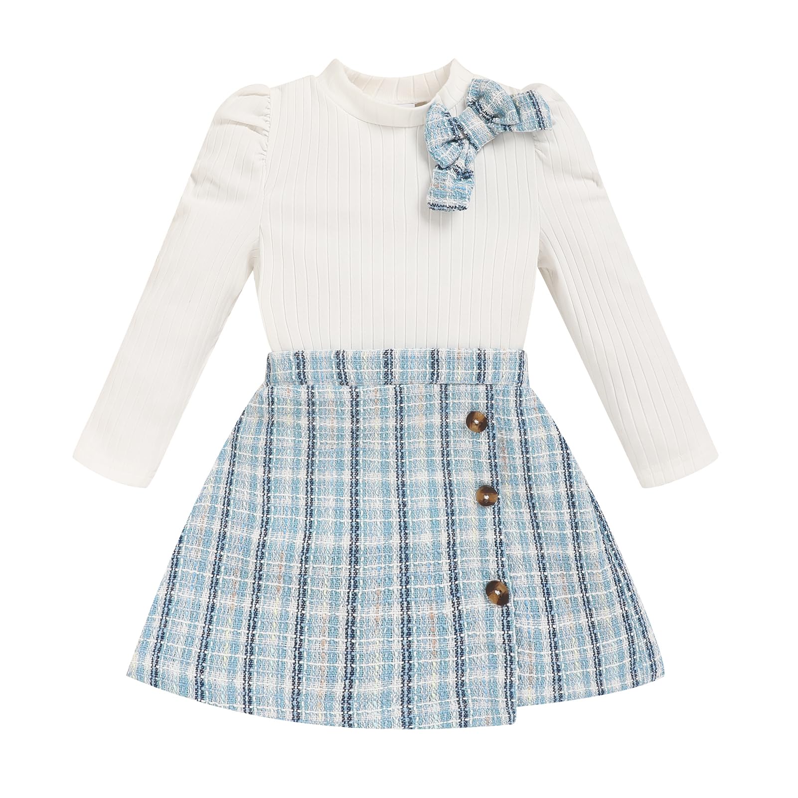 Toddler Girl Plaid Outfits Fall Winter Dress Knit Ribbed Bow Sweatshirt Tops and Button Fashion Skirts Set