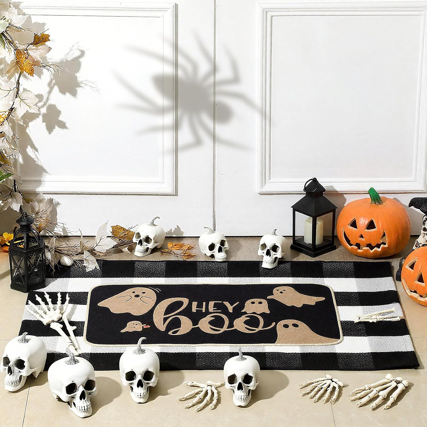 Dunzy 2 Pcs Halloween Doormat Outdoor Spooky Ghost Boo Welcome Mat 17"x30" & Black White Plaid Entrance Rug 28"x43" for Front Door Porch Non Slip Floor Mat Layered for Indoor Outside Entryway Decor Hey Boo Black and White Buffalo Plaid