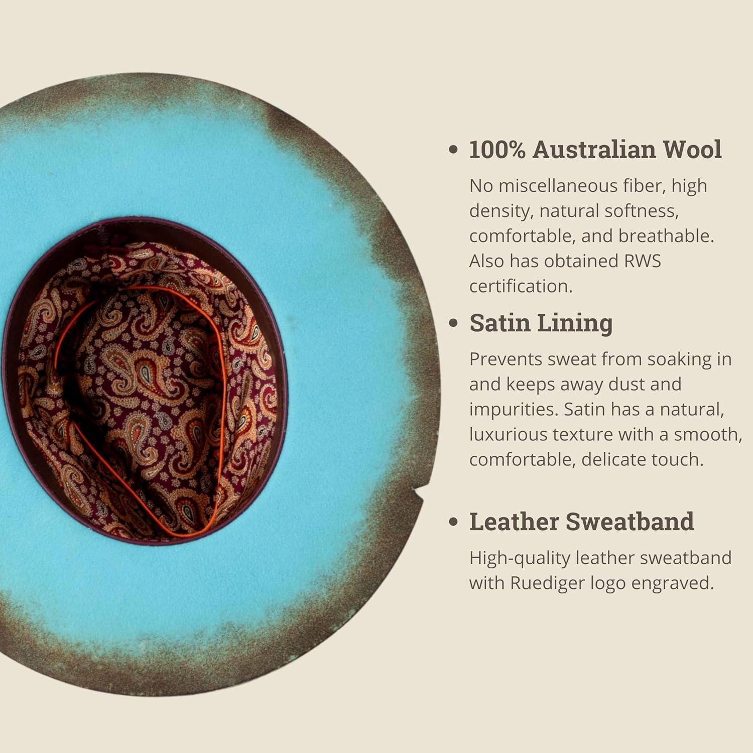 RUEDIGER Vintage Wide Brim Fedora Hats 100% Wool Stiff Felt Hat Rancher Hat with Lightning Logo Handmade Distressed/Burned - Image 2