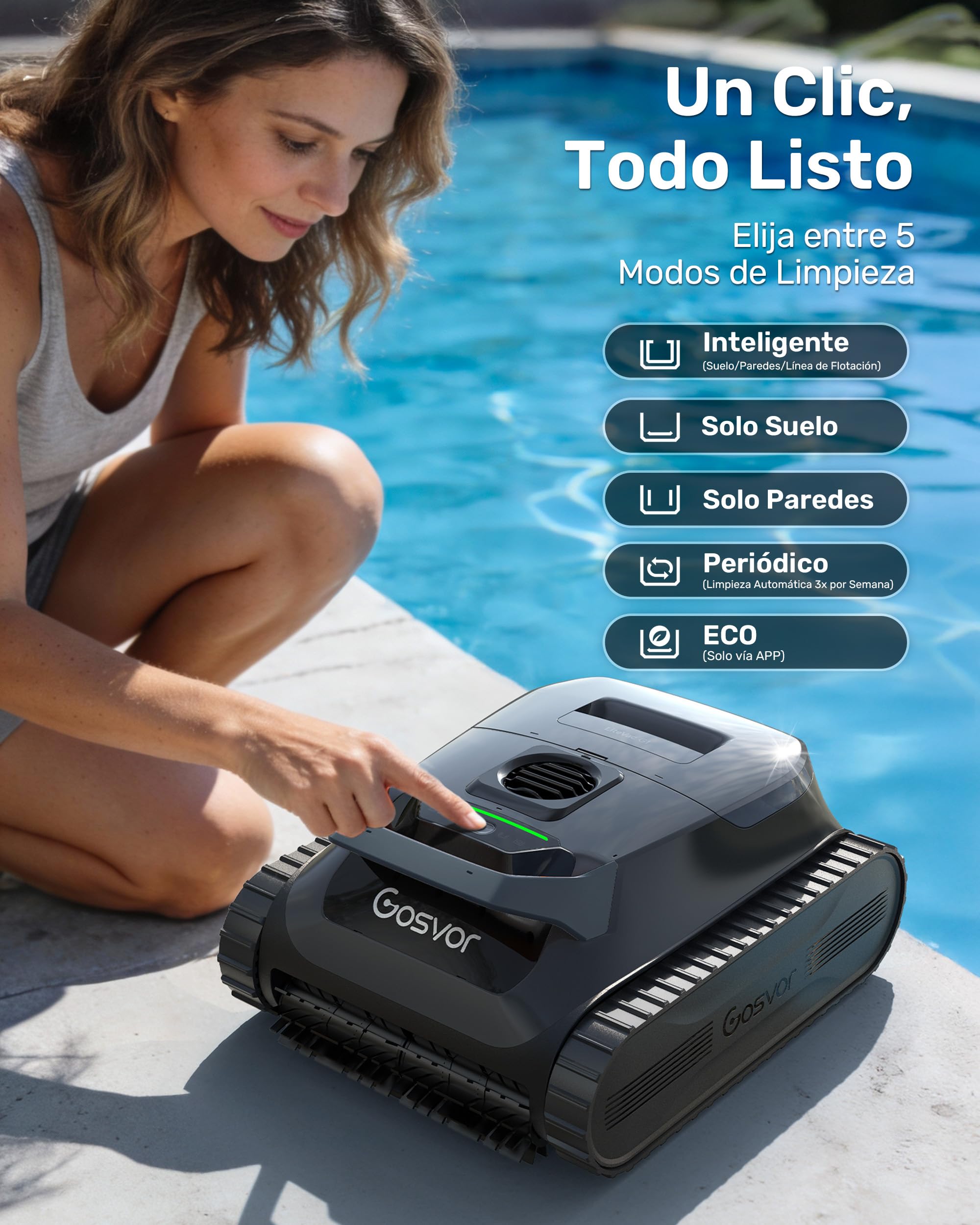(Nuevo 2026) Gosvor LiteVac G1 Robot Limpiafondos Piscina,Paredes,Línea y Plataformas,7kg,200min Autonomía,Doble Filtración,Navegación Inteligente y App,200m²,Gris