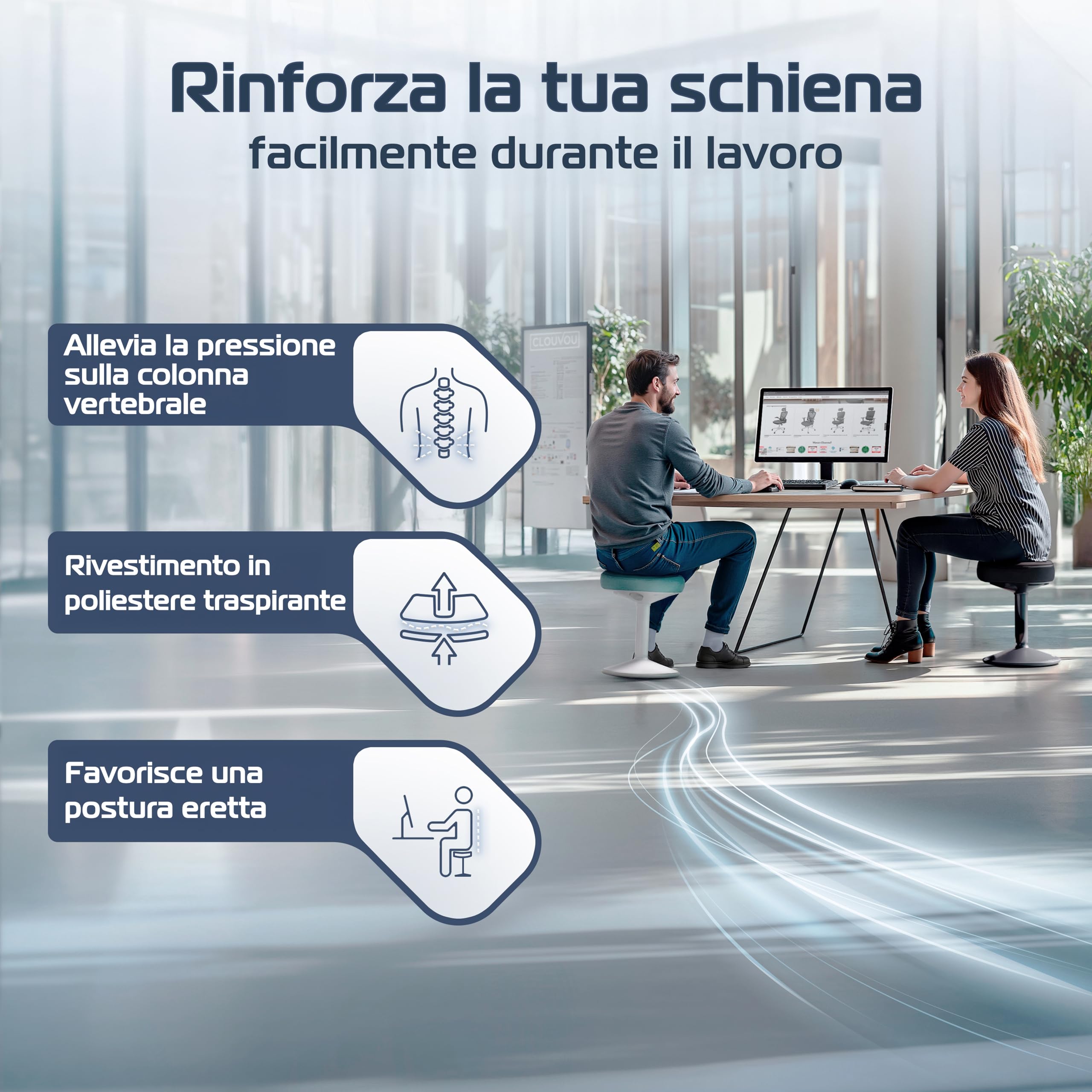 CLOUVOU Nexus Sgabello ergonomico [ORIGINAL] per casa e ufficio - Sgabello regolabile, altezza 57-82 cm - Sgabello da scrivania con seduta attiva, rinforza la schiena - Sgabello nero design