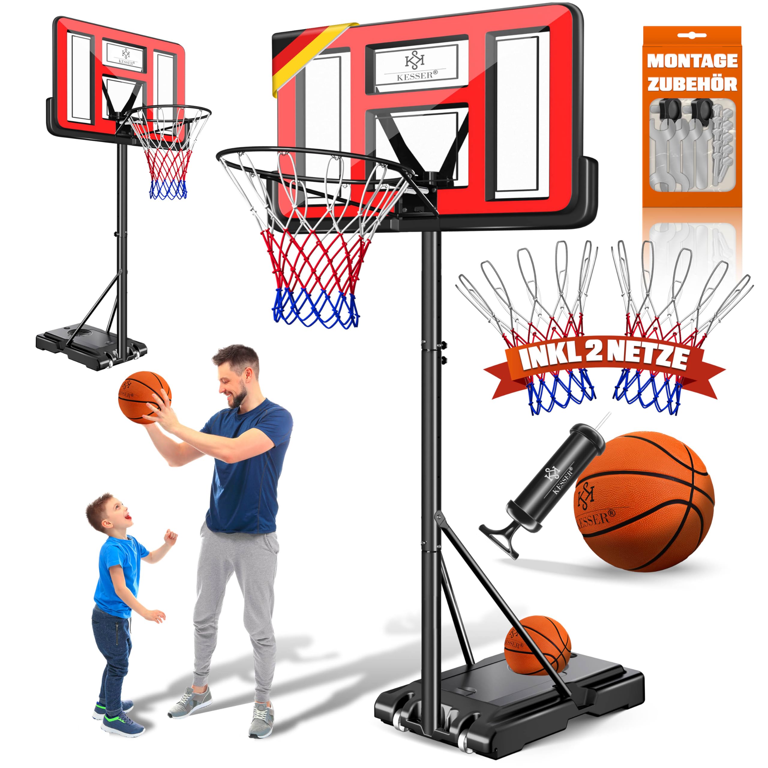 KESSER Juego de canasta de baloncesto ajustable de 160 a 210 cm, soporte de baloncesto móvil con ruedas, tabla de baloncesto, bomba y 2 redes, sistema de baloncesto para interiores y exteriores para