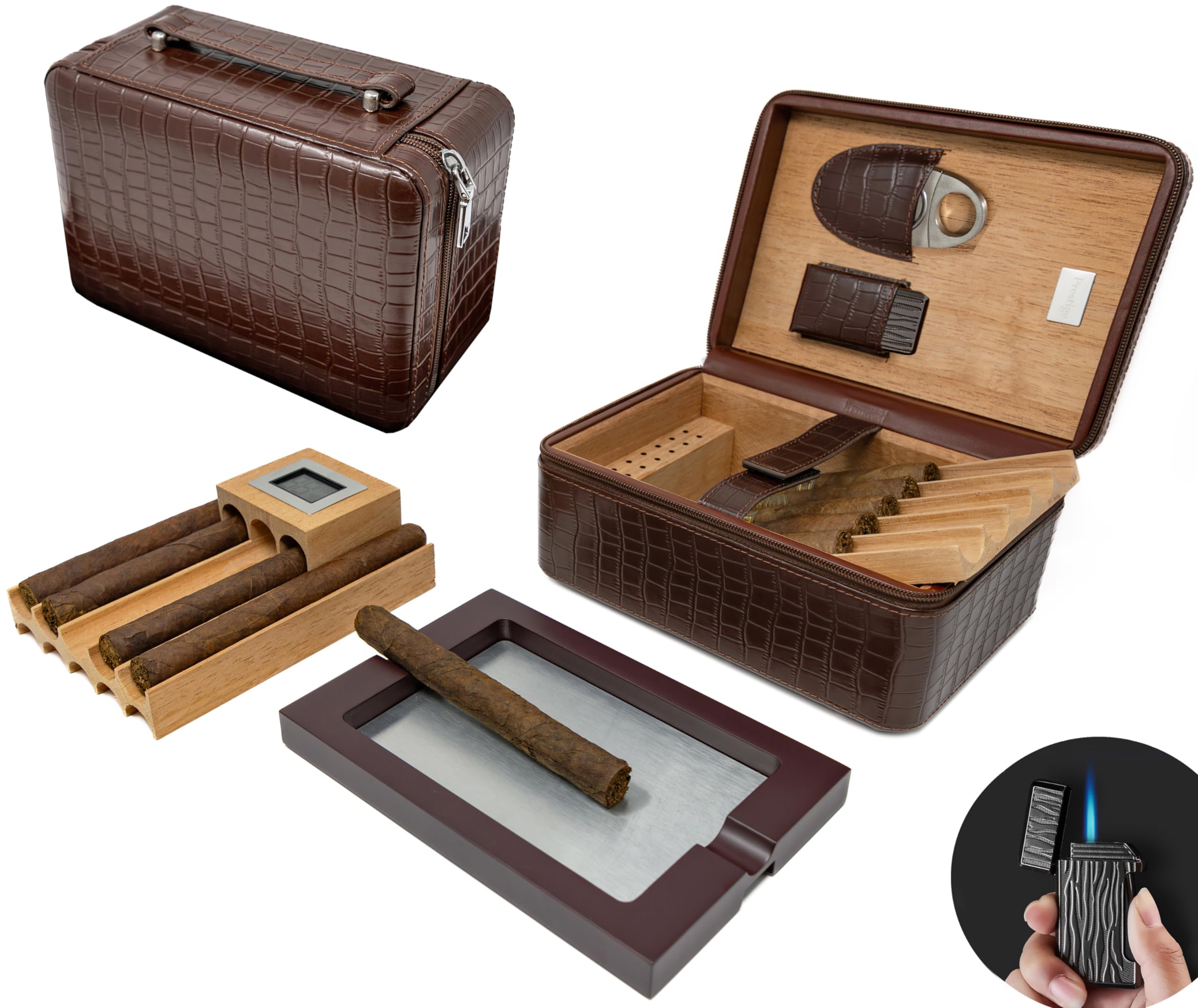 Prestige Import GroupManhattan XL Travel Cigar Humidor Case Set (Hygrometer, Ashtray, Cutter, Lighter, Humidifier) - Brown