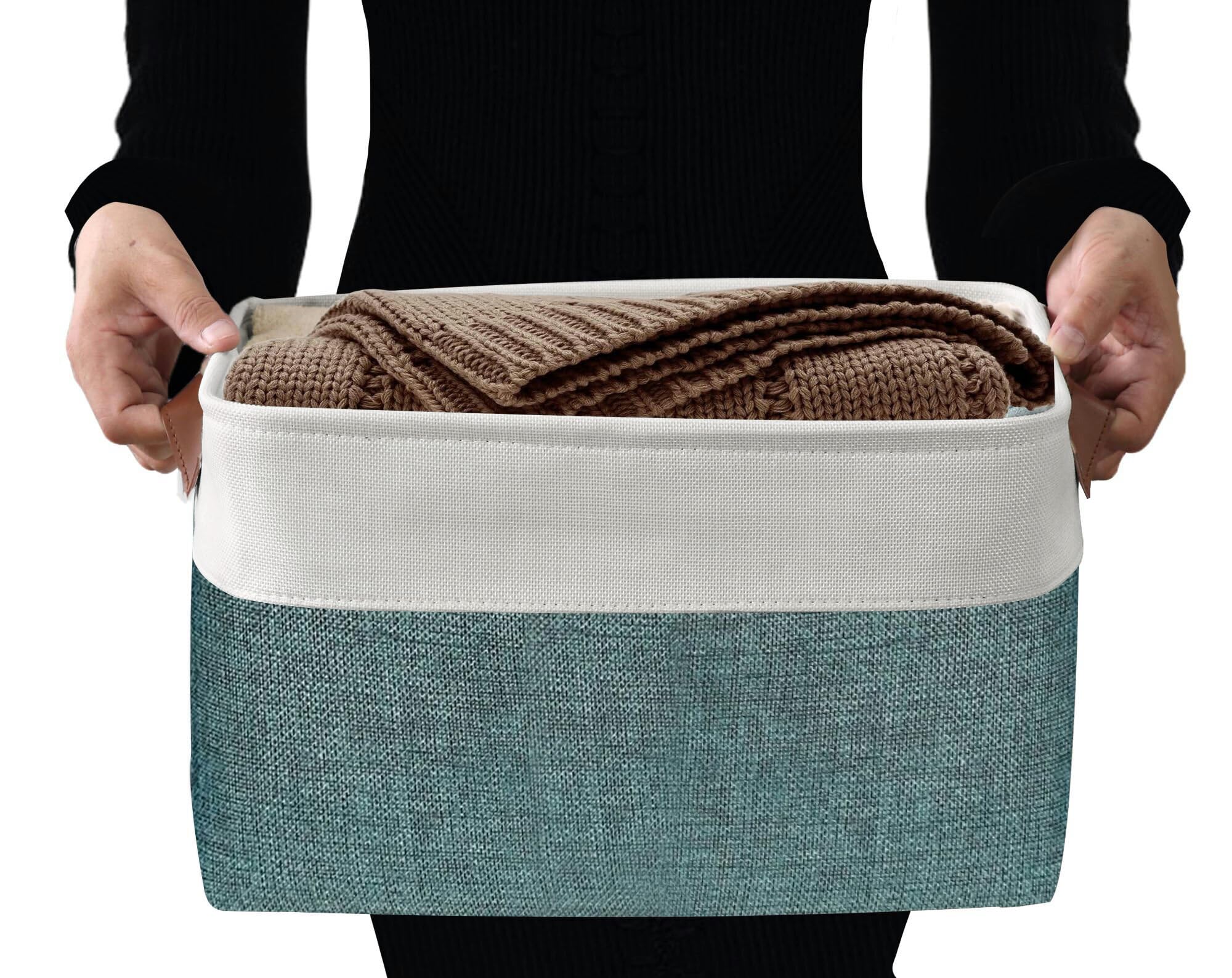 DECOMOMO Cestas de almacenamiento | Cajas de almacenamiento de tela organizadoras de almacenamiento para armario, juguetes, estantes, oficina, hogar y guardería (extra grande, verde y blanco, 15.8 x | Organizadores decorativos de lino para armario de 15.8