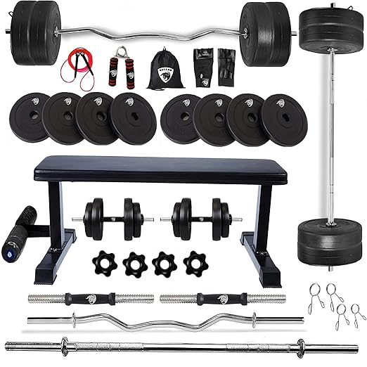 BULLAR Home Gym Combo Flat Bench 20 kg to 50 kg with PVC Weight Plates 3 feet curl Rod, 5 feet Straight Rod, Pair of Dumbbell rods Home Gym Set & Fitness kit (40 kg set)