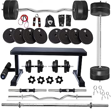 BULLAR Home Gym Combo Flat Bench 20 kg to 50 kg with PVC Weight Plates 3 feet curl Rod, 5 feet Straight Rod, Pair of Dumbbell rods Home Gym Set & Fitness kit (20 KG Set)