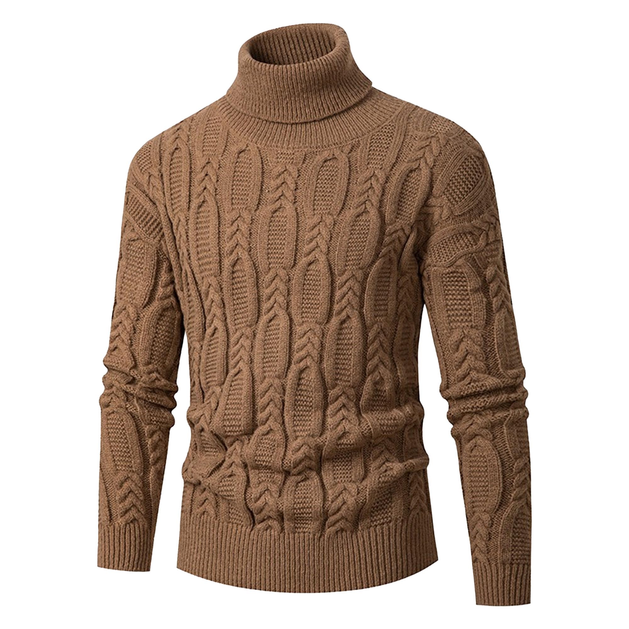 Qolkmuiy-GJ Men's Slim Fit Turtleneck Pullover Casual Warm Twisted Sweaters Solid Knitted Long Sleeve Sweatshirt (Brown,XX-Large)