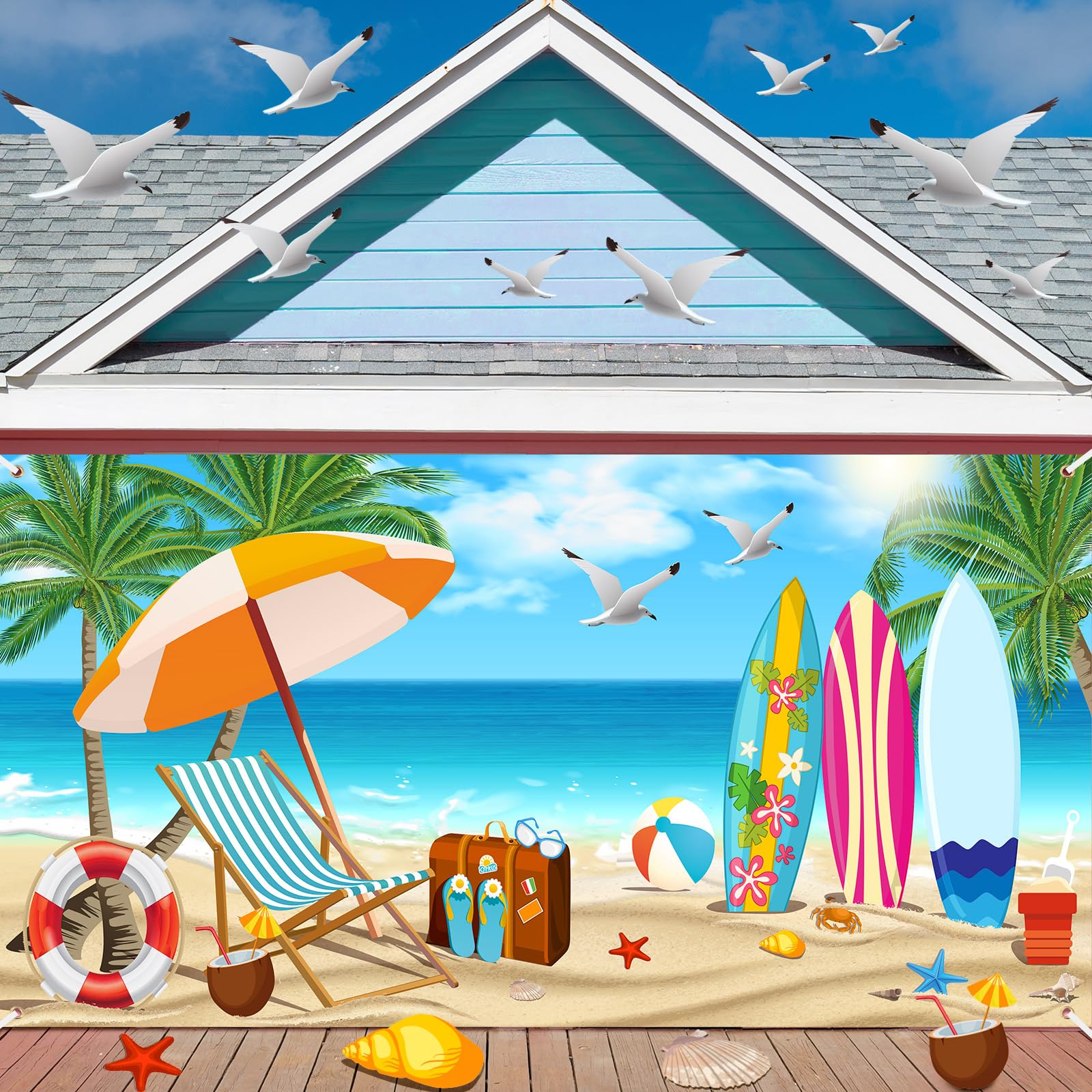 Moukeren Summer Garage Door Decorations 6 x 13 ft Summer Beach Garage Door Banner Cover Ocean Vacation Beach Backdrop Decoration for Indoor Outdoor