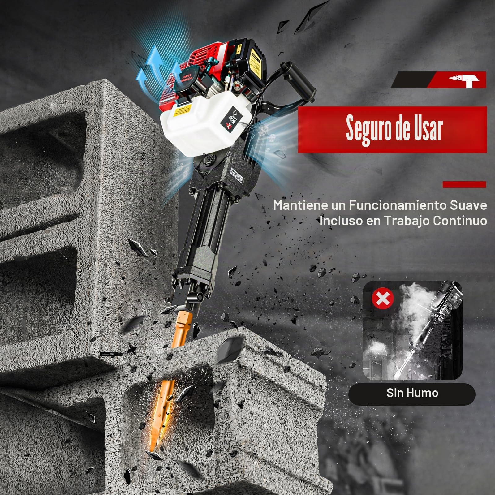 Martillo de demolición profesional de gasolina, martillo de demolición de 2 tiempos, martillo cincelador con juego de brocas, martillo de impacto