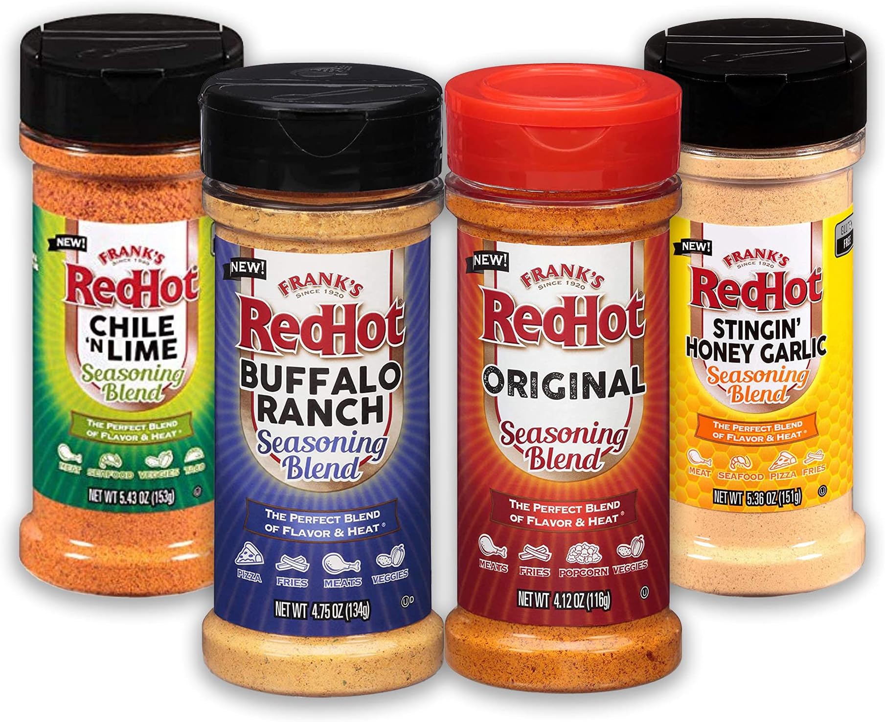 Franks Red Hot Seasoning Sampler. Franks Red Hot Seasoning Blend, Franks Red Hot Buffalo Ranch, Chile N Lime, and Stingin Honey Garlic.