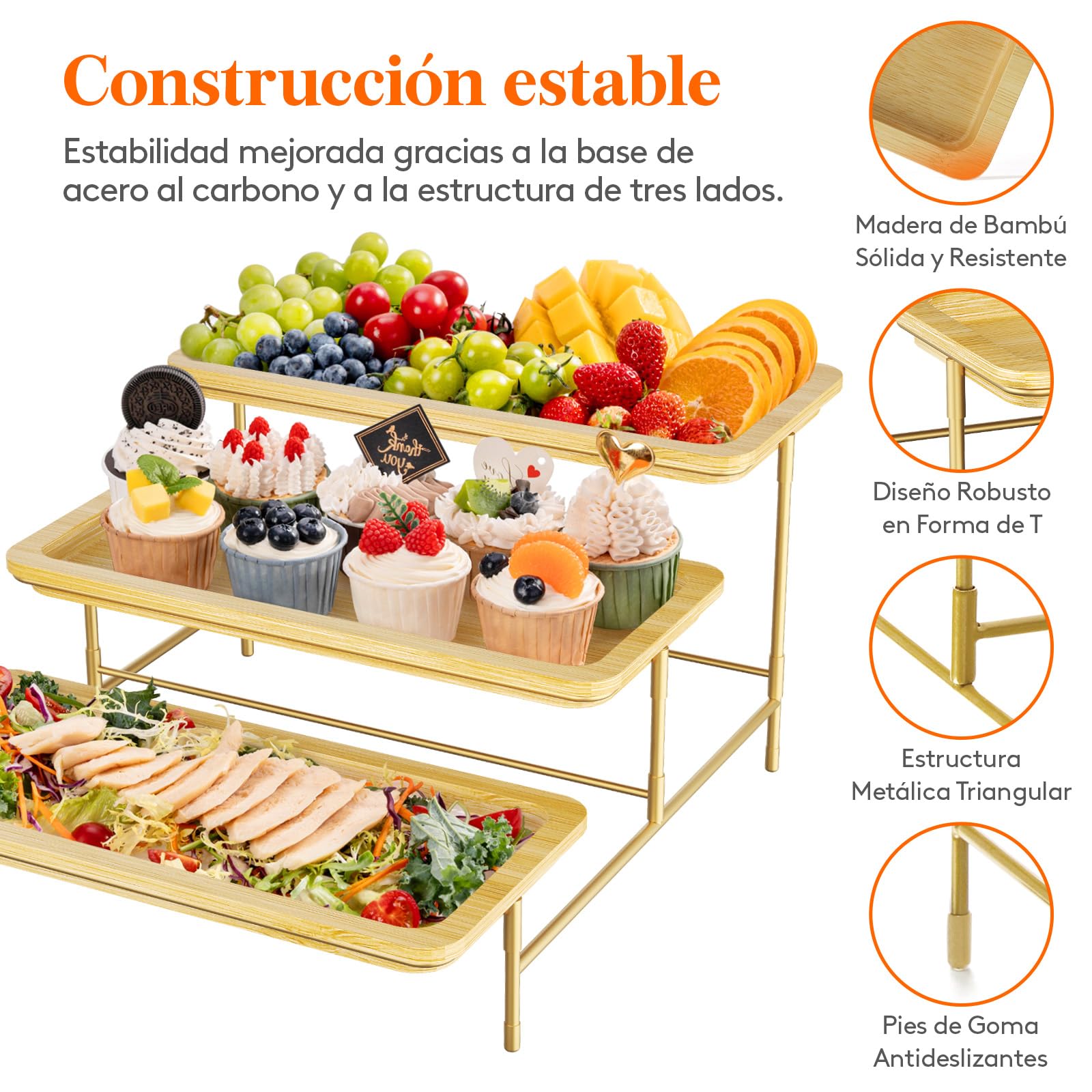 Lifewit Bandeja de servir de bambú de 3 niveles, 36 x 17 cm, bandeja de servir con soporte de metal dorado para suministros de fiesta, accesorios de bufé, grandes bandejas reutilizables para