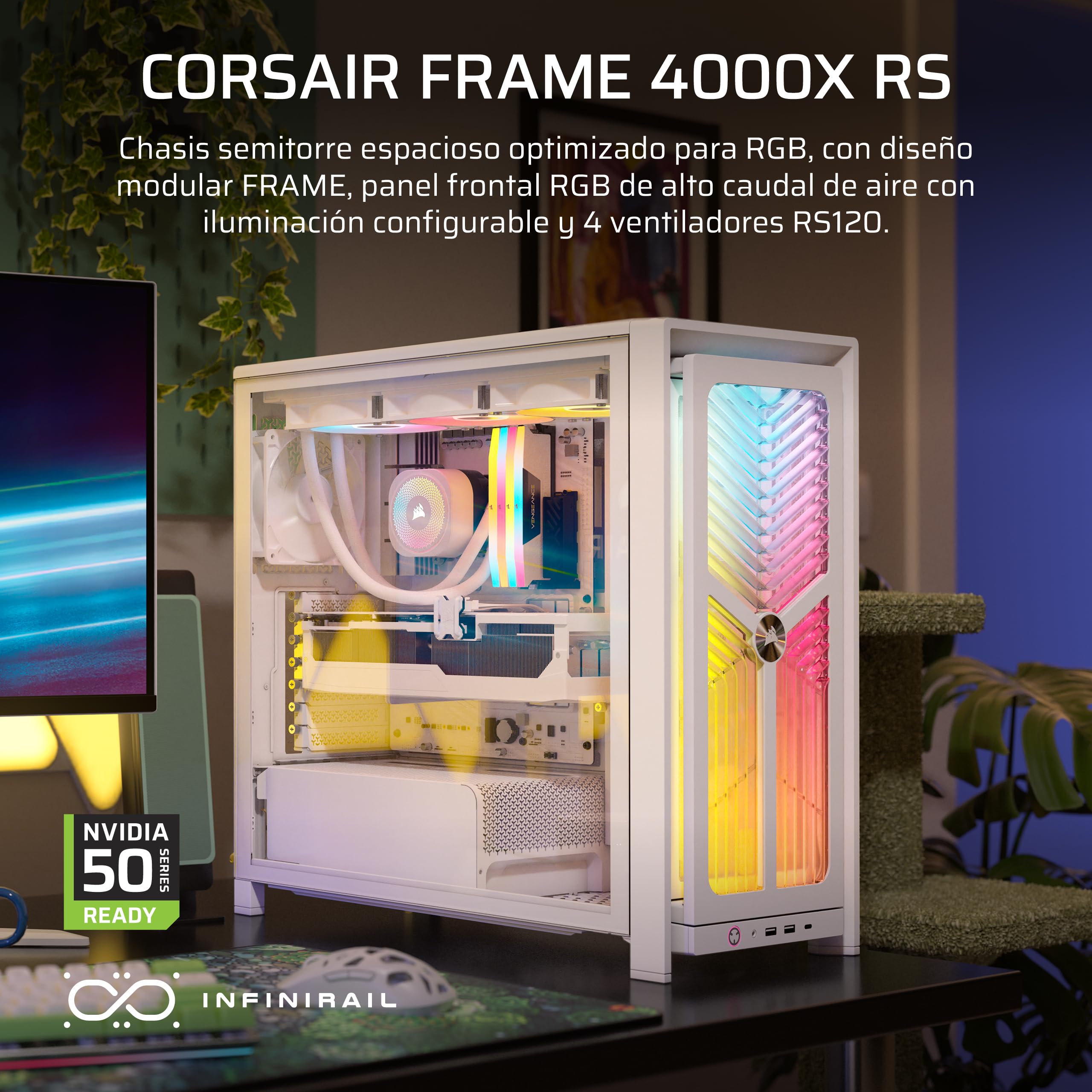 CORSAIR Frame 4000X RS Chasis para PC Modular ATX Semitorre – Blanco | Panel Frontal RGB, 4 Ventiladores RS120 PWM Incluidos, Sistema de Montaje InfiniRail, Brazo Anticaída GPU