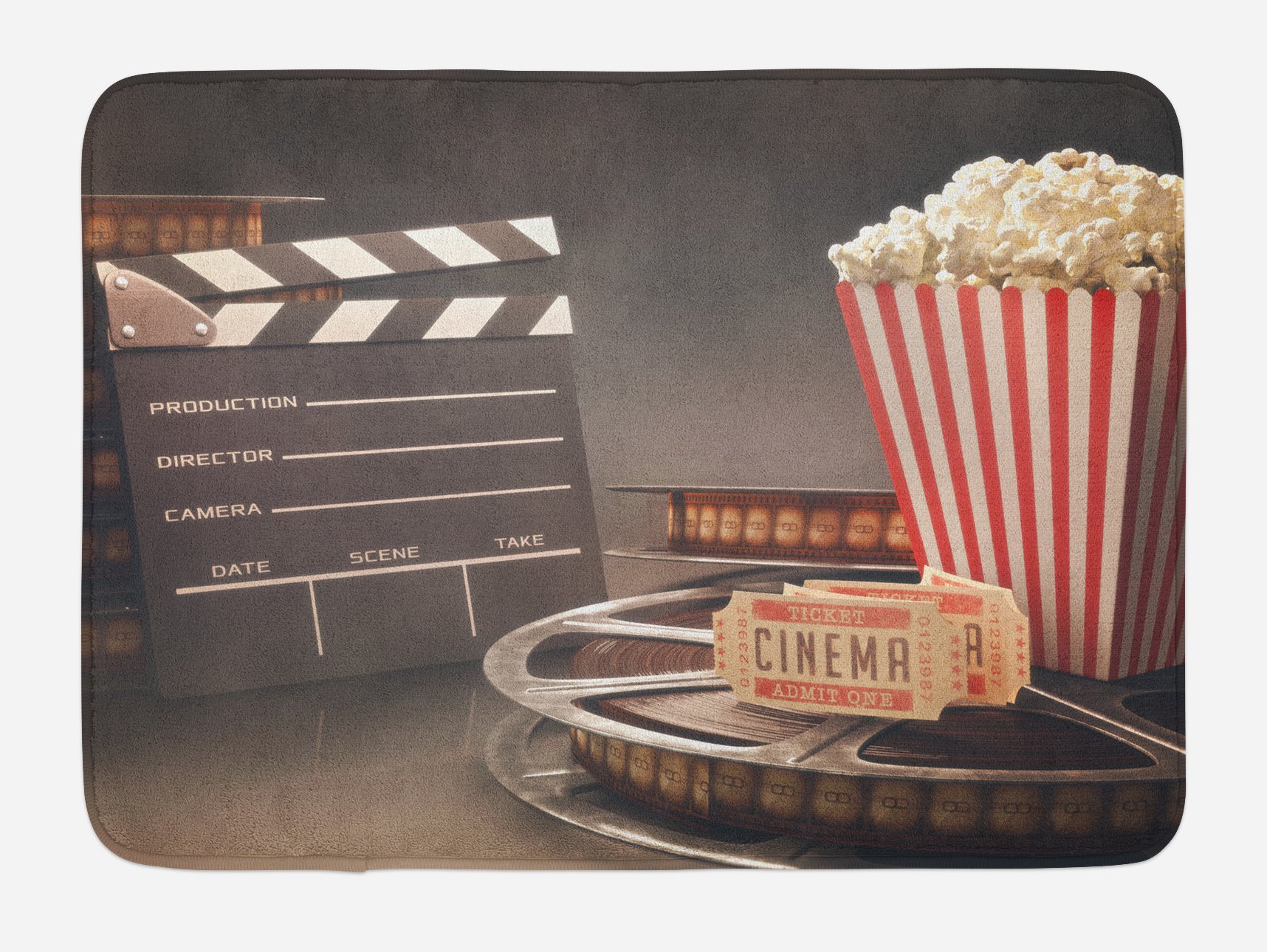Ambesonne Movie Theater Bath Mat, Old Fashion Entertainment Objects Related to Cinema Film Reel Motion Picture, Plush Bathroom Decor Mat with Non Slip