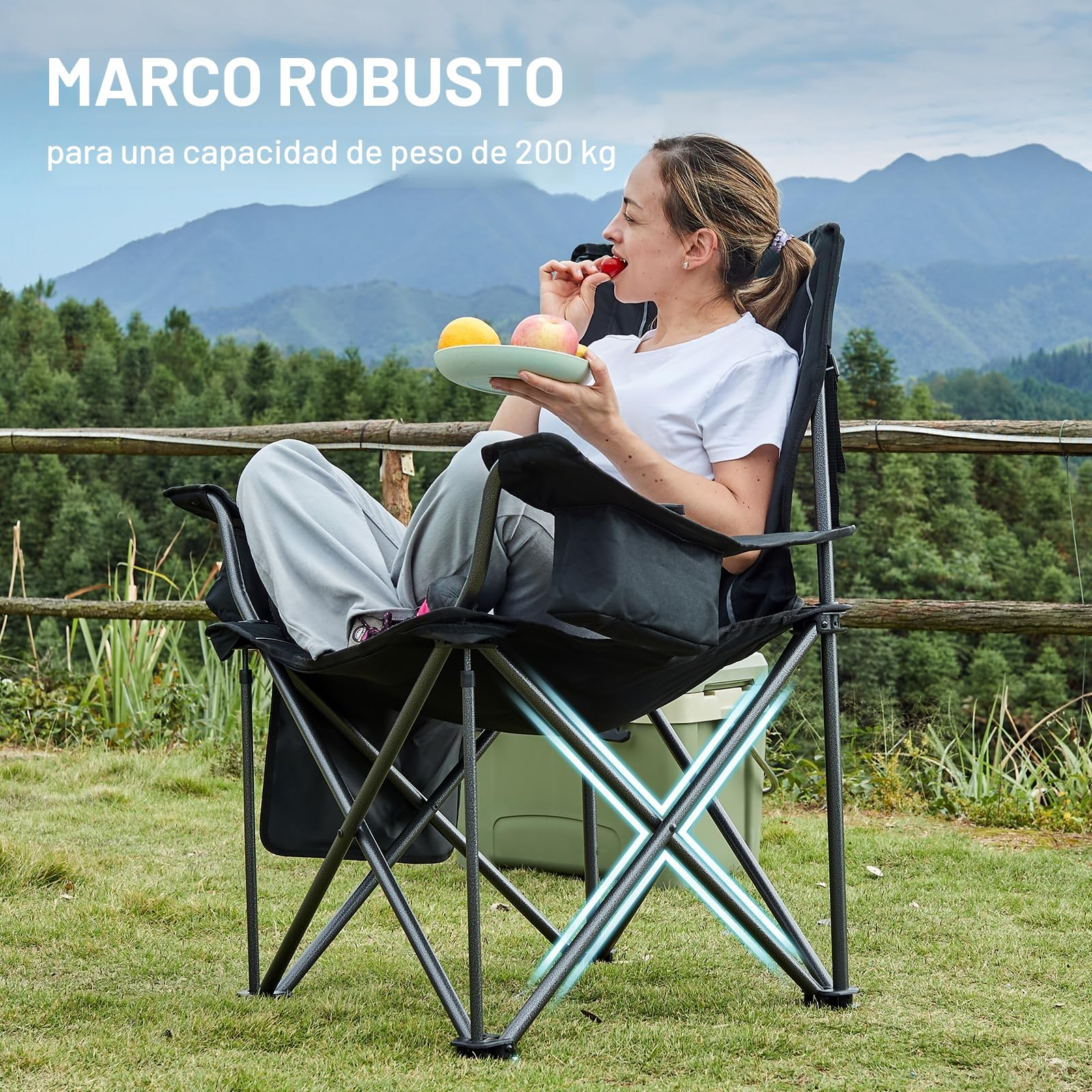 TIMBER RIDGE Silla Camping Plegable 200kg Acolchada Ancho Asiento 63cm con Portavasos Bolsa Térmica para Playa Jardín Pesca Balcón Acampar