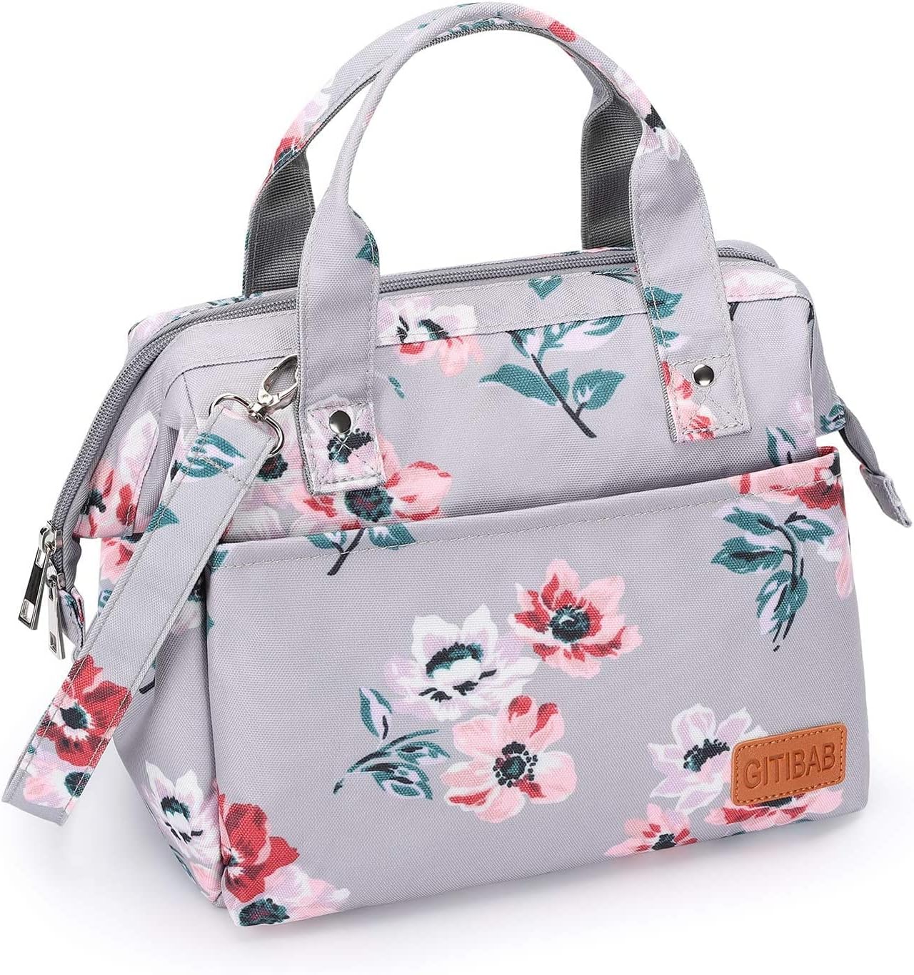 Lunch Bag for Women Men, Insulated Durable Reusable lunch Box with Adjustable Shoulder Strap, Wide-Open Thermal Cooler tote Bag Water Resistant Gray flower