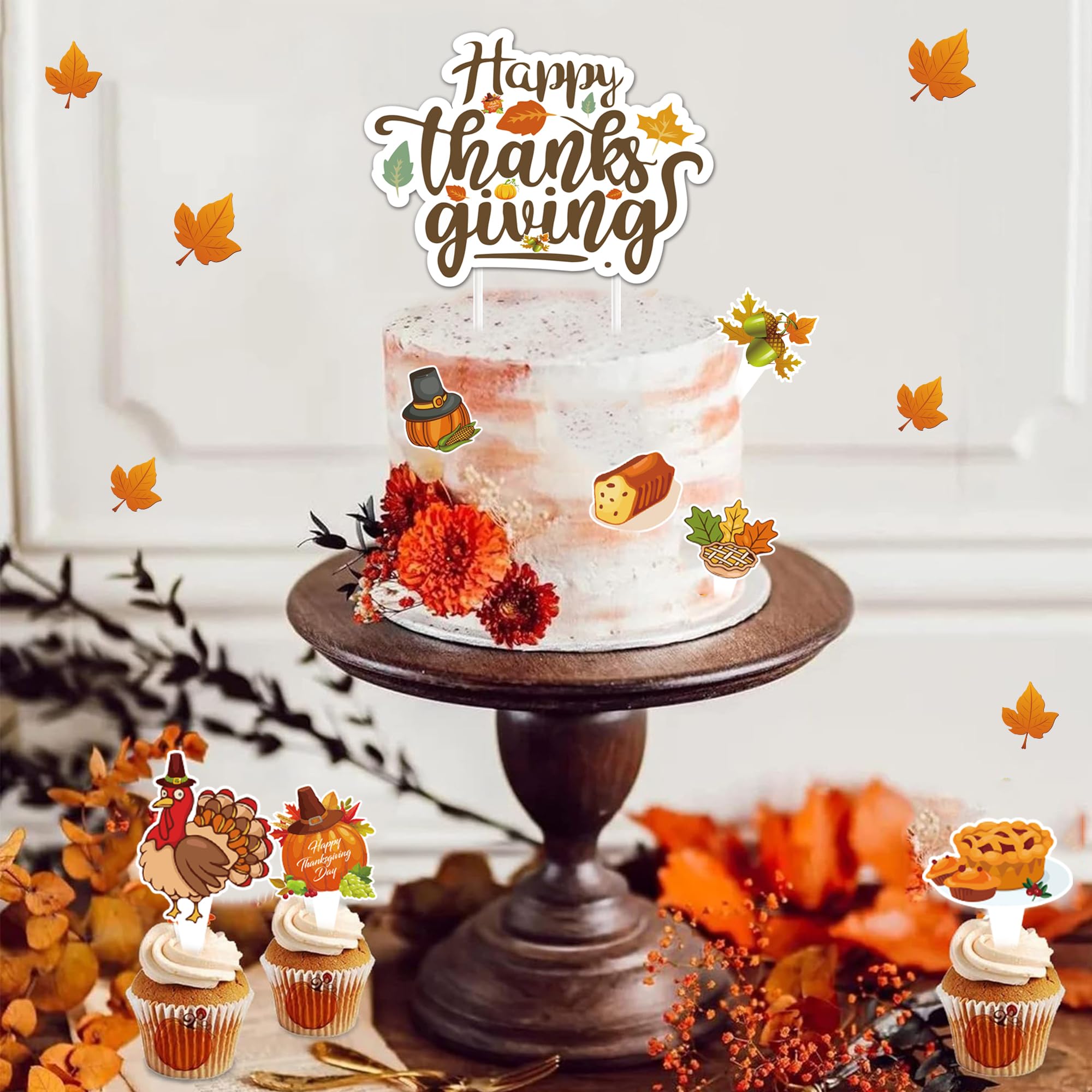 27Pcs Thanksgiving Cupcake Toppers - Turkey Friendsgiving Party Decorations