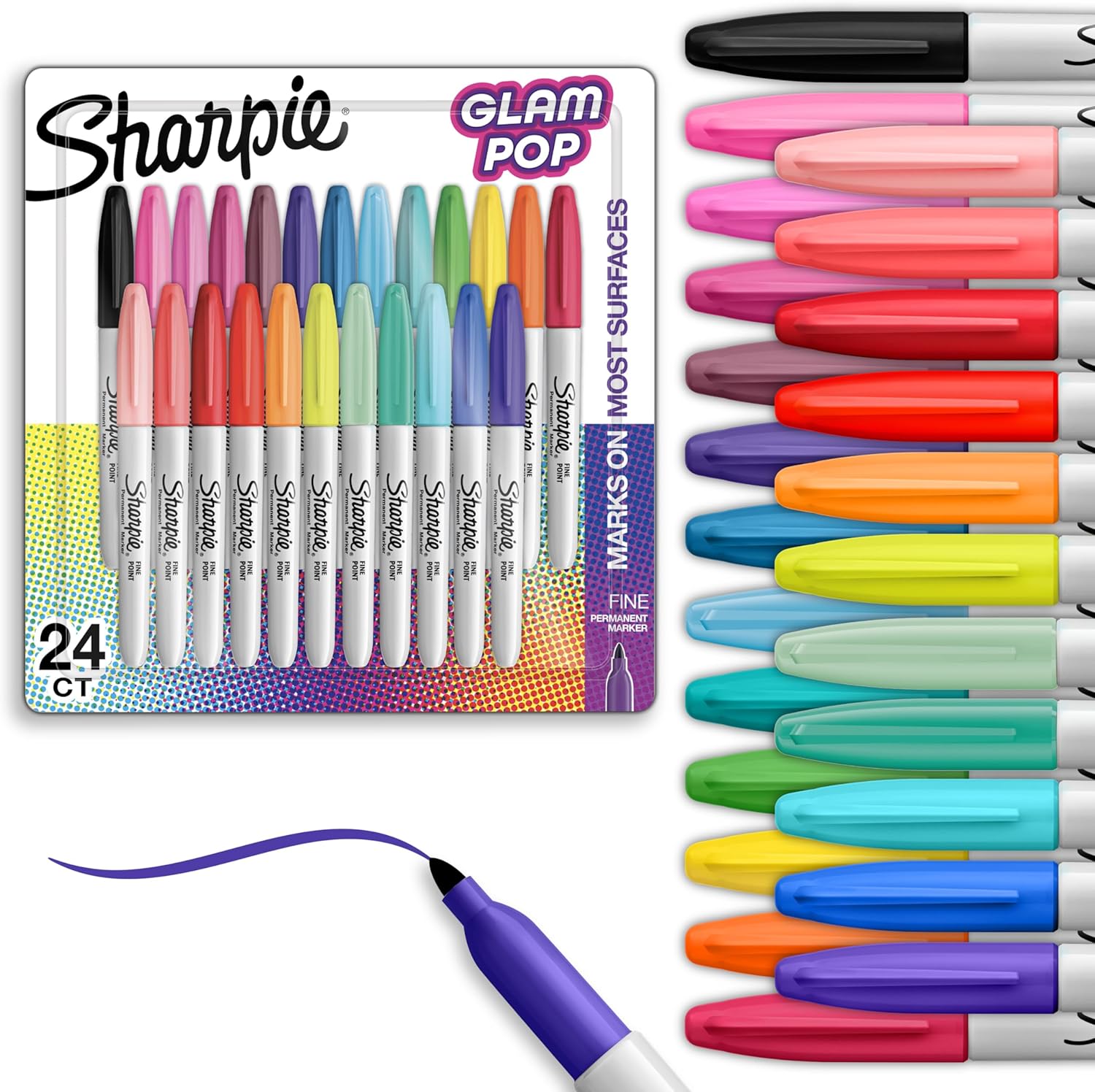 Sharpie Glam Pop Permanent Markers, Fine Tip Marker Set, Coloring Markers, Art Markers, Drawing Markers, Writing Markers, Assorted Colors 24 Count (24 Count Fine) Thumbnail