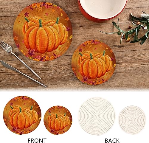 Miniatura 4 de Boccsty Tapete de salvamanteles de hojas de otoño de calabaza, 2 unidades, redondos, tejidos, para mesa de cocina, protector de encimera,
