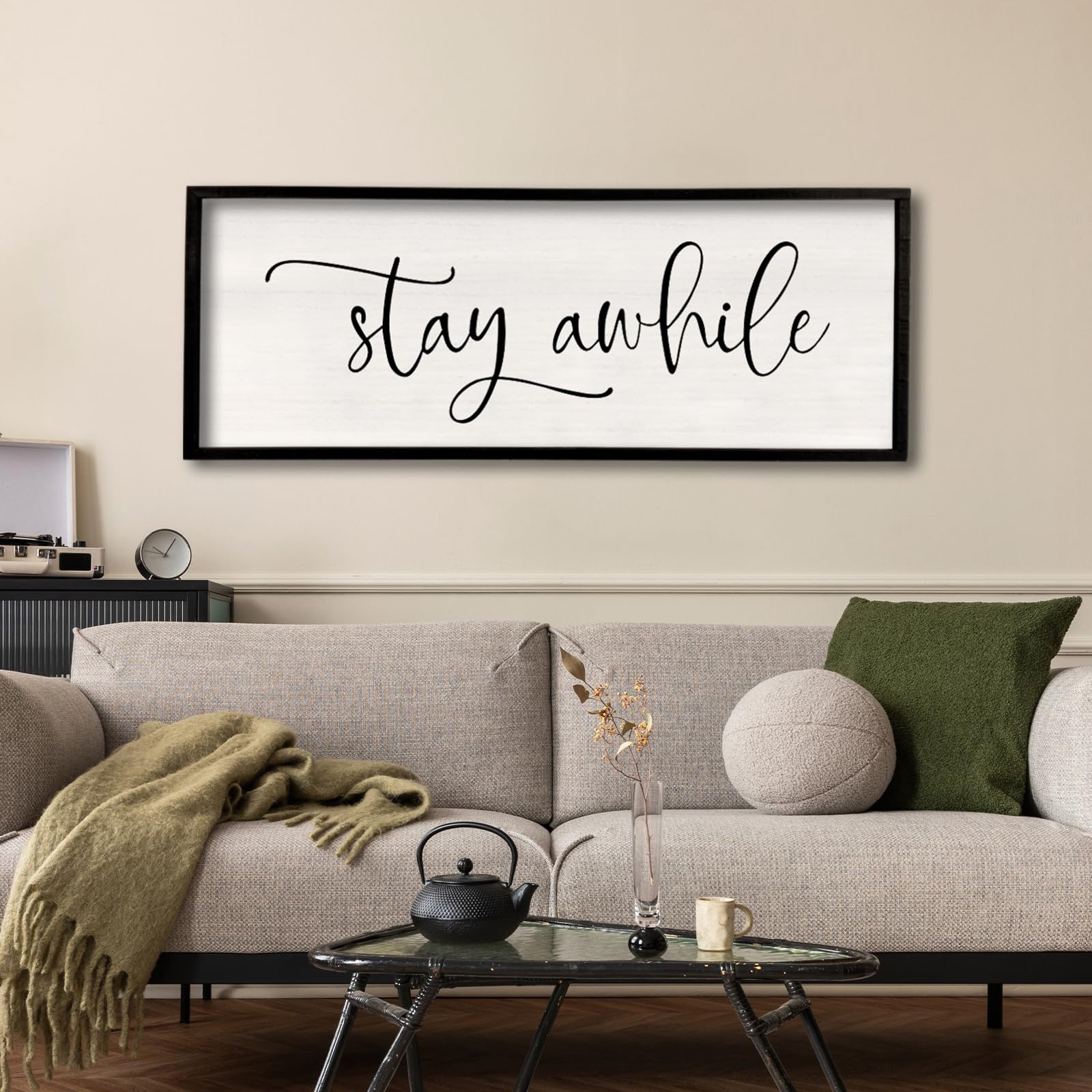 Photo 1 of ***DAMAGED -SELLING AS IS *** comurdyo Living Room Wall Decor Stay Awhile Sign 40"×15" Lets Stay Family Home Large Vintage Farmhouse Simple Wood Frame for Entryway Hallway Plaque Horizontal Art Hangin (Black) ***SOME SCUFFS, PAINT/WOOD CHIPS ALONG EDGE, N