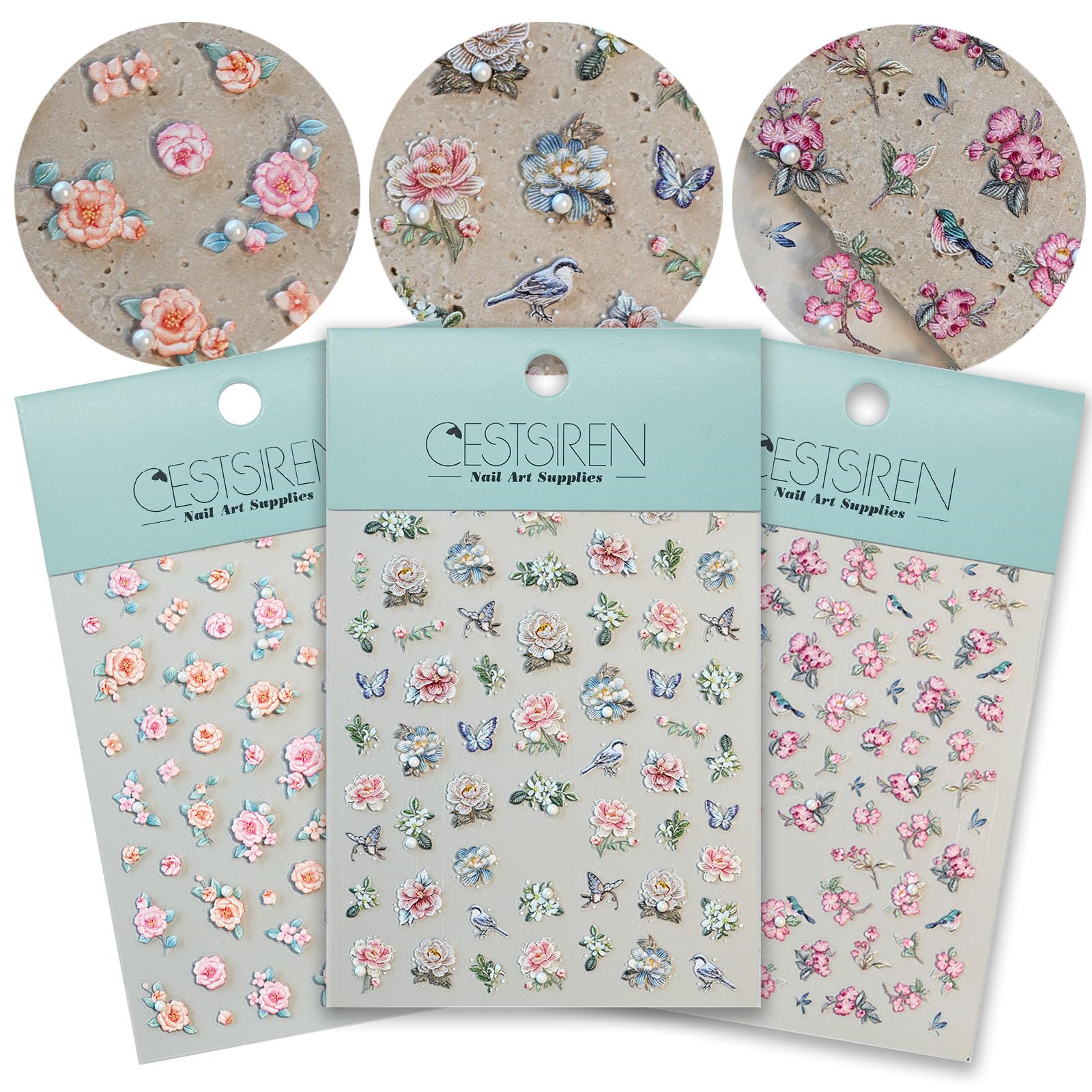 CESTSIREN Flower Rose Bird Nail Art Stickers Pearl Rhinestones Embossed Vintage Nail Decals for Nail Art Design Self-Adhesive Nail Accessories for