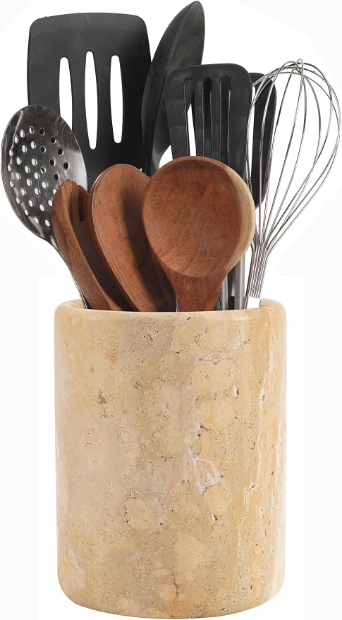 Utensil Holder 6.5'' Inches Travertine Handmade Spoon Caddy Countertop - Kitchen Utensil set Organizer, Flatware Chopstick Canister, Utensil Holder Home Accessories
