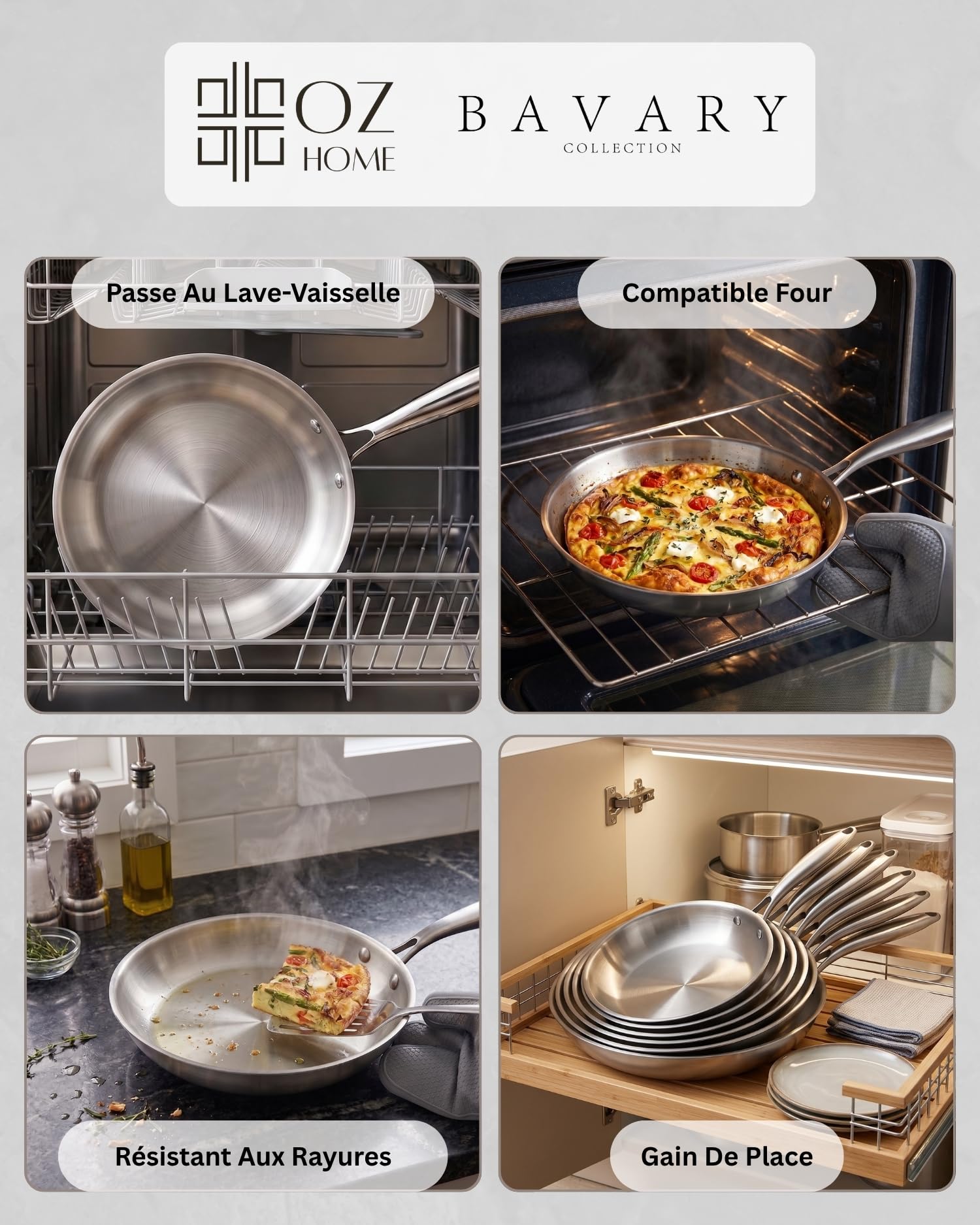 BAVARY Lot De Poele Induction (20-22-24-26-28-30cm) - Poele Inox 18/10 - Poeles Inox Inductions Non Revêtues - Poêles À Frire Pour Gaz Et Tout Feux - Sauteuse inox Lave-Vaisselle Ok - Poêle Induction