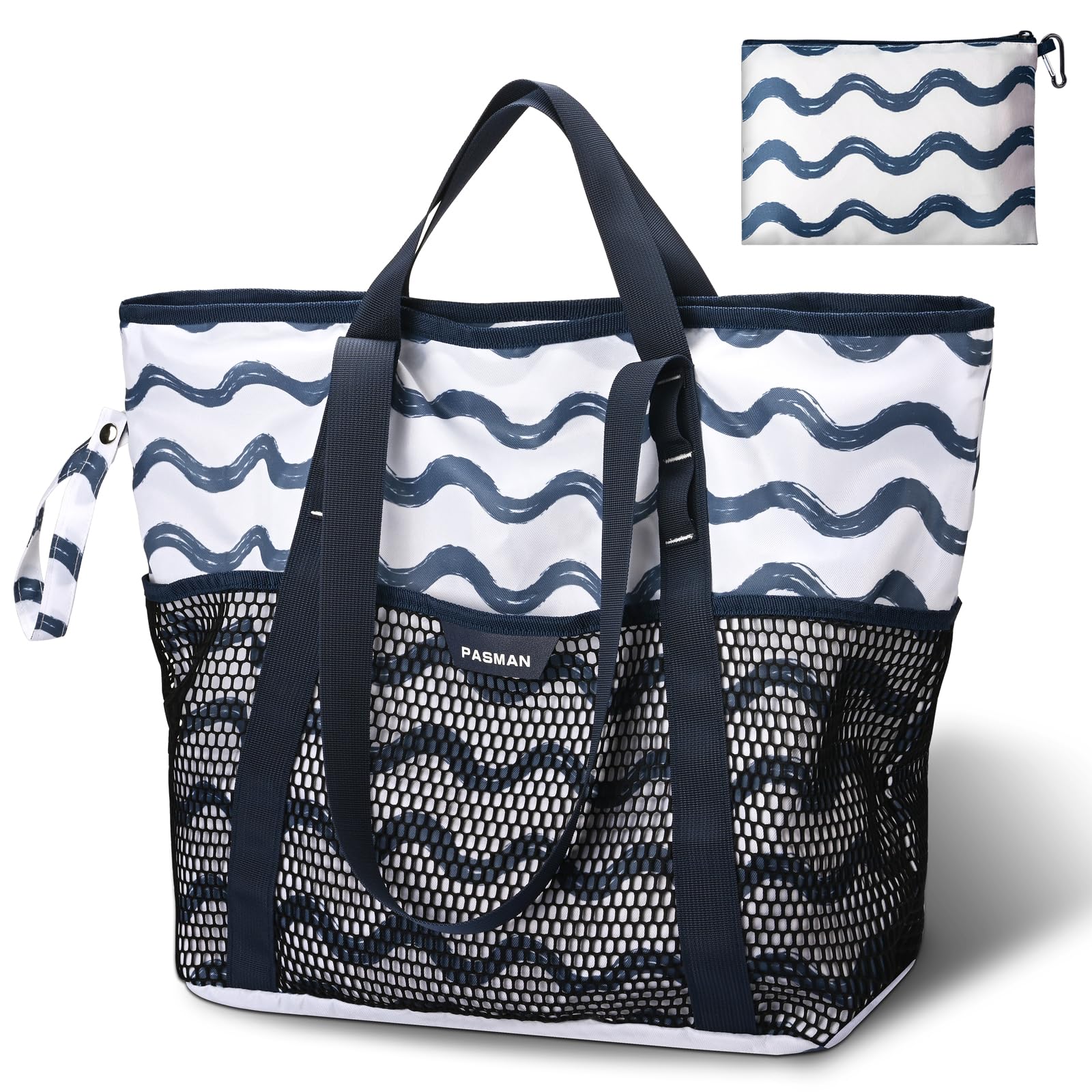 PASMAN Large Beach Bag with Zipper-8 Pockets Sandproof Beach Tote Bag for Women,Foldable Lightweight Family Swim Bag Vacation