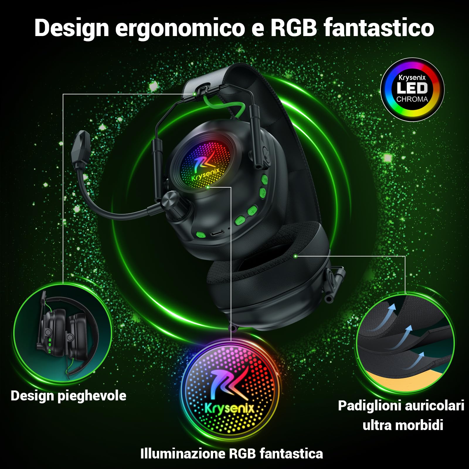 Krysenix KGH2 Cuffie Gaming Wireless, 2,4 GHz Cuffie Gaming per PS4, PS5, PC, Mac, Switch, Cuffie Bluetooth con microfono, Cancellazione del Rumore, Nero
