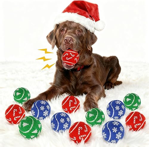 Miniatura 7 de Pelotas de juguete de Navidad para perros, paquete de 12 pelotas de tenis chirriantes de 2.5 pulgadas para perros, regalo ideal para cumpleaños de