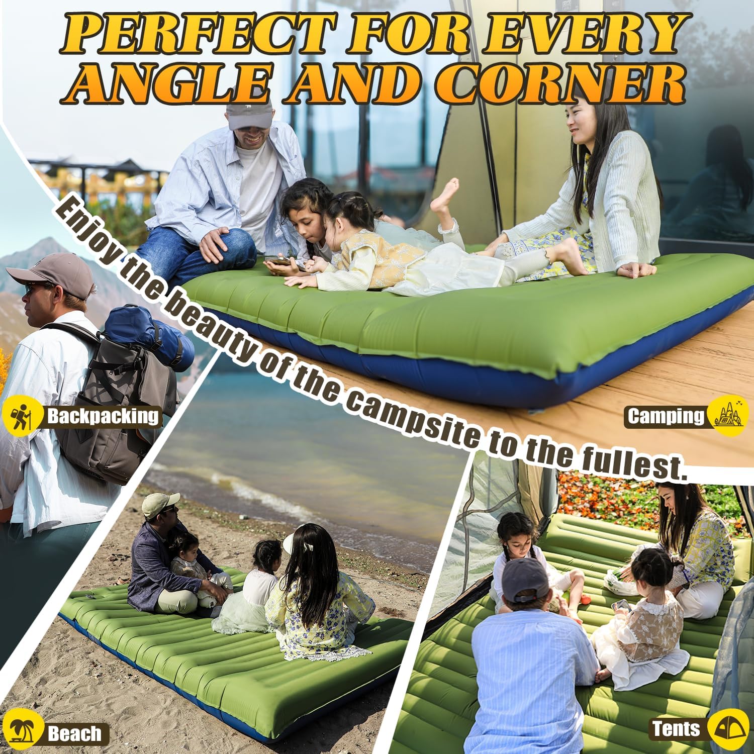 Camping Sleeping Pad, Ultralight Camping Mat with Pillow, Built-in Foot Pump Inflatable Sleeping Pads Compact for Camping Backpacking Hiking Traveling Tent,Double,Green.