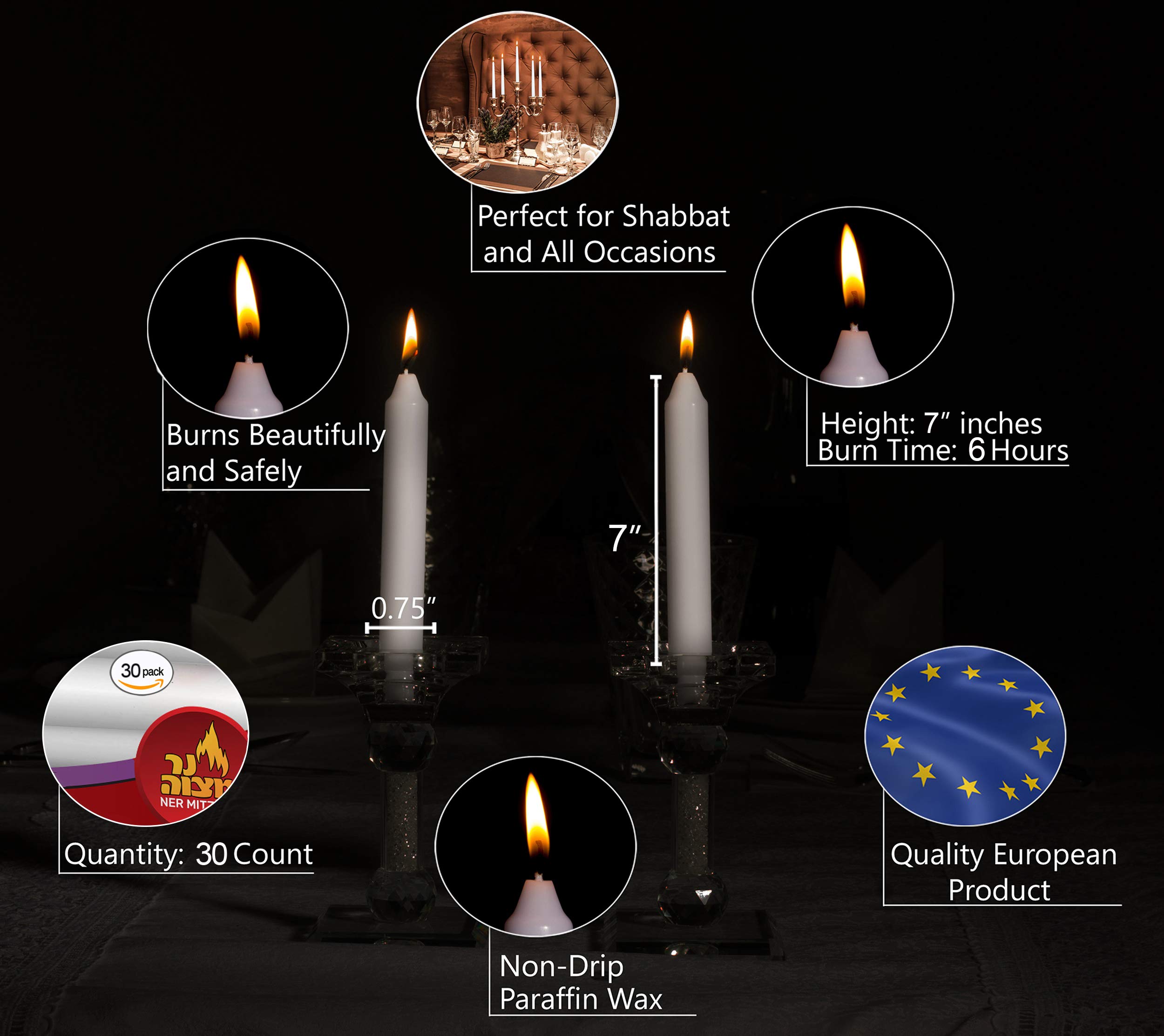 Ner Mitzvah Classic White Shabbat Candles, Dinner Tables, Restaurants, Ceremonies and Emergency - 6 Hour Burn Time - (30 Pack) - European Made